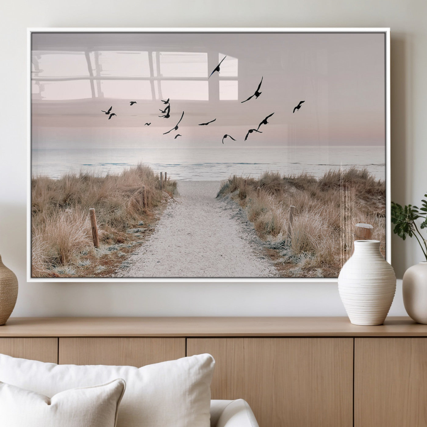 34632598-MGV-FP-60X30-3P_White-Coastal Pathway Canvas Wall Art – Framed Seaside Landscape, Large Beach and Birds Canvas Print for Home, Office, or Living Room