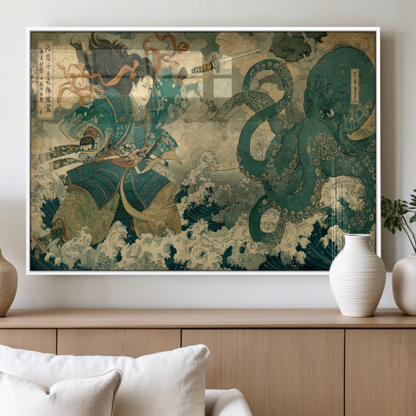 24416422-MGV-FP-36X24-3P_White-Samurai vs Octopus Wall Art – Japanese Warrior Ocean Battle Canvas Print, Ukiyo e Inspired Decor for Home, Office, or Man Cave