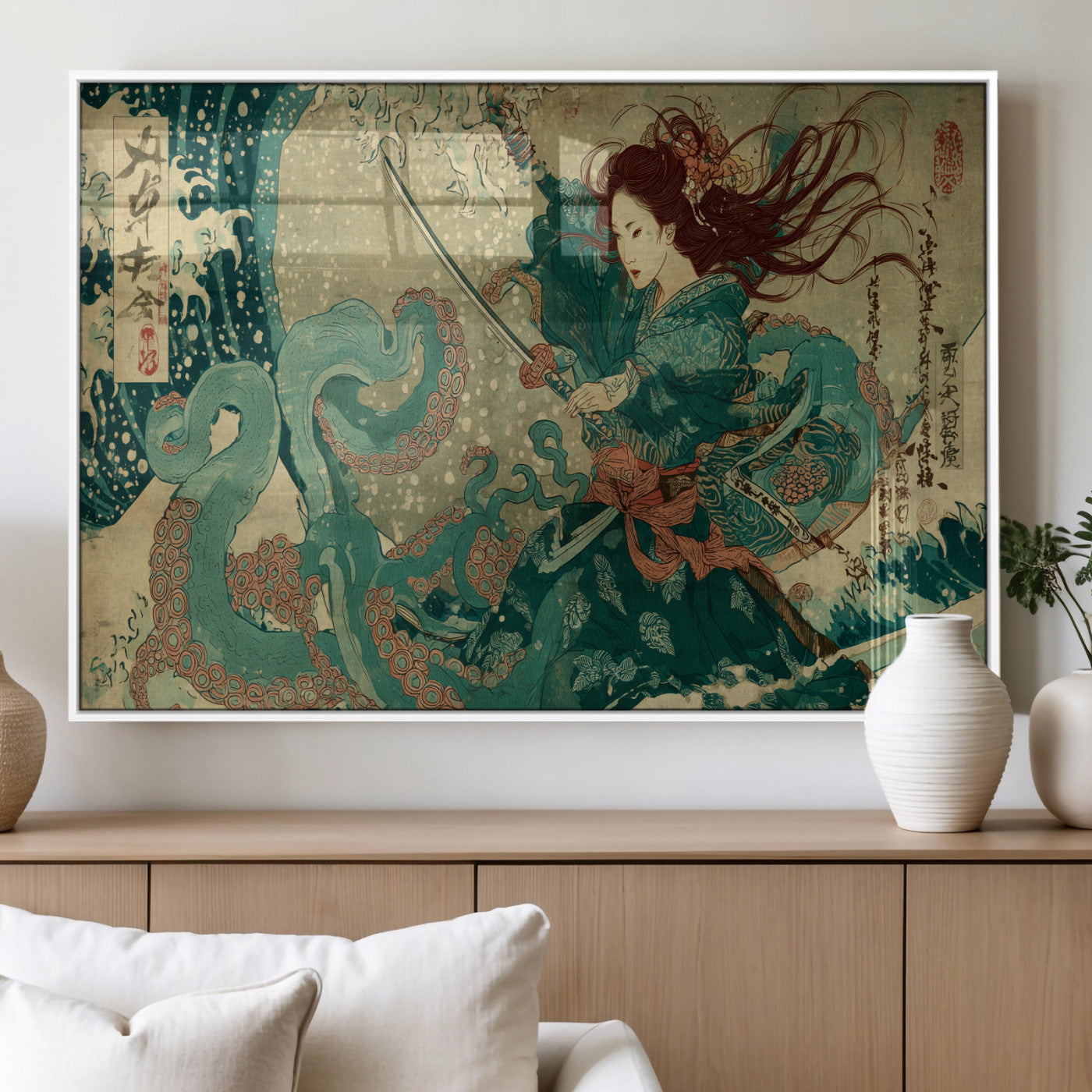 86918027-MGV-FP-36X24-3P_White-Samurai Warrior vs Octopus Wall Art – Japanese Ukiyo-e Ocean Battle Canvas Print, Traditional Samurai Artwork for Living Room,