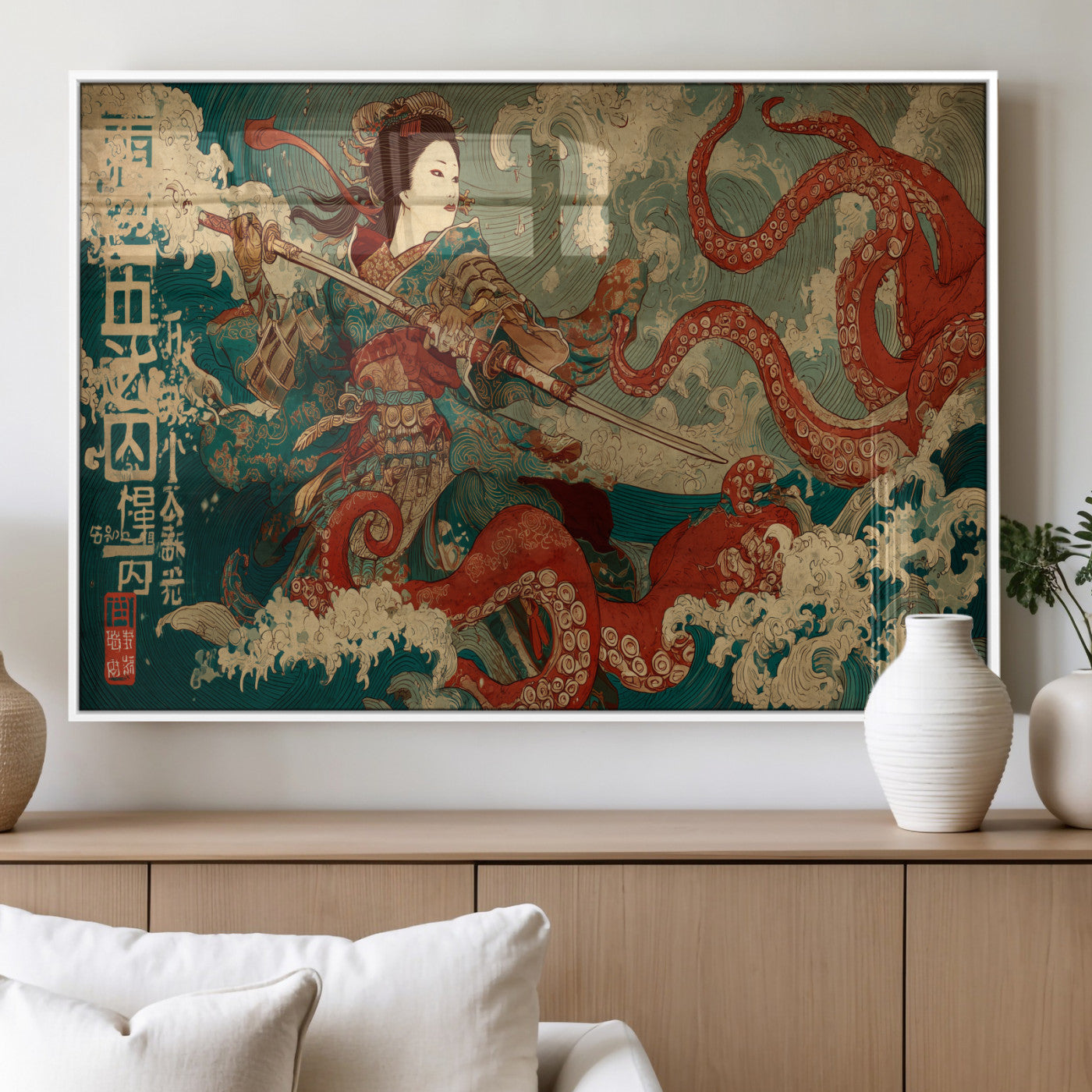60201267-MGV-FP-36X24-3P_White-Samurai Woman vs Octopus Wall Art – Japanese Ukiyo-e Armor Canvas Print, Red Tentacle Ocean Battle Artwork for Living Room,