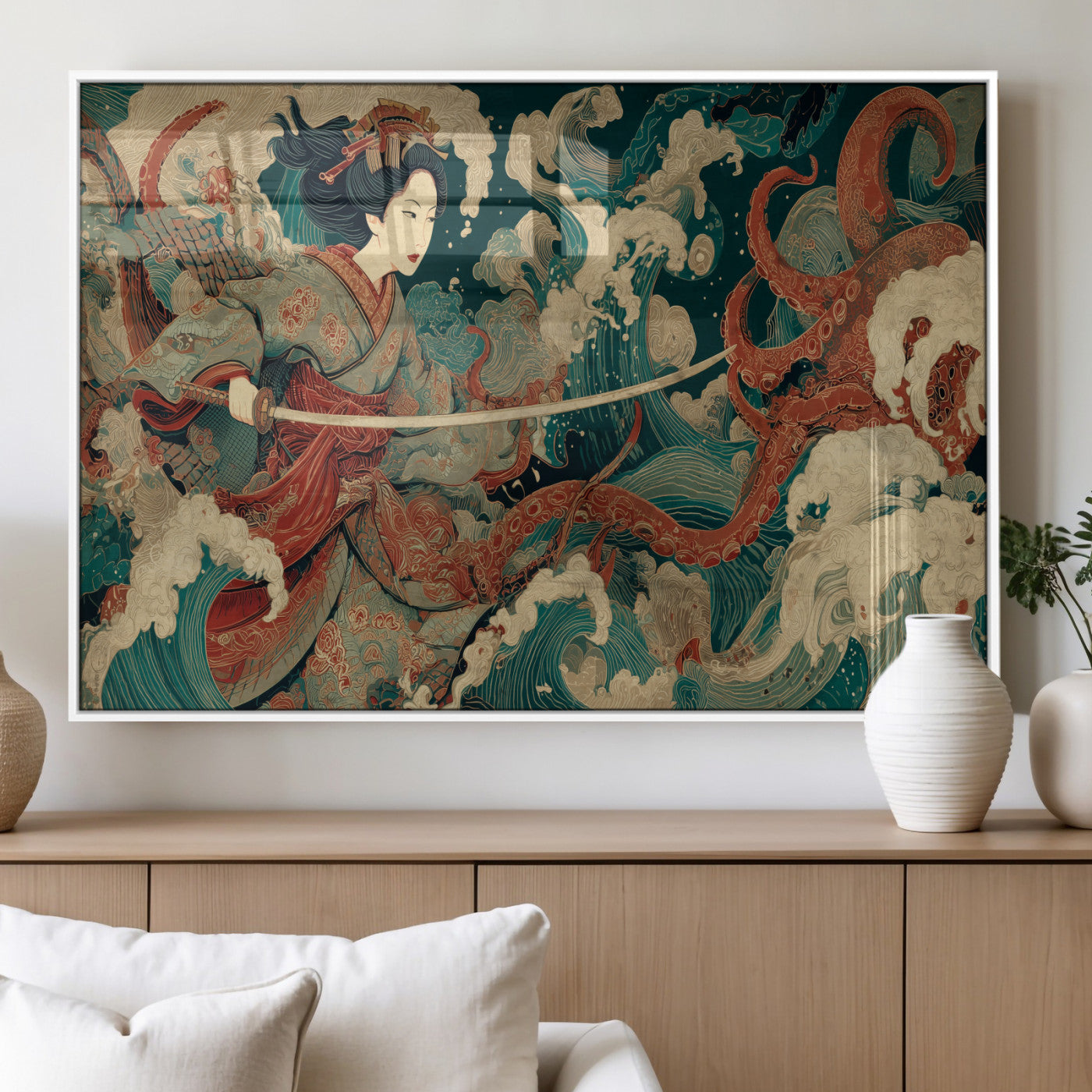 30212982-MGV-FP-36X24-3P_White-Samurai Woman vs Octopus Wall Art – Japanese Ukiyo-e Style Warrior and Sea Monster Canvas Print, Mythology Inspired Artwork for