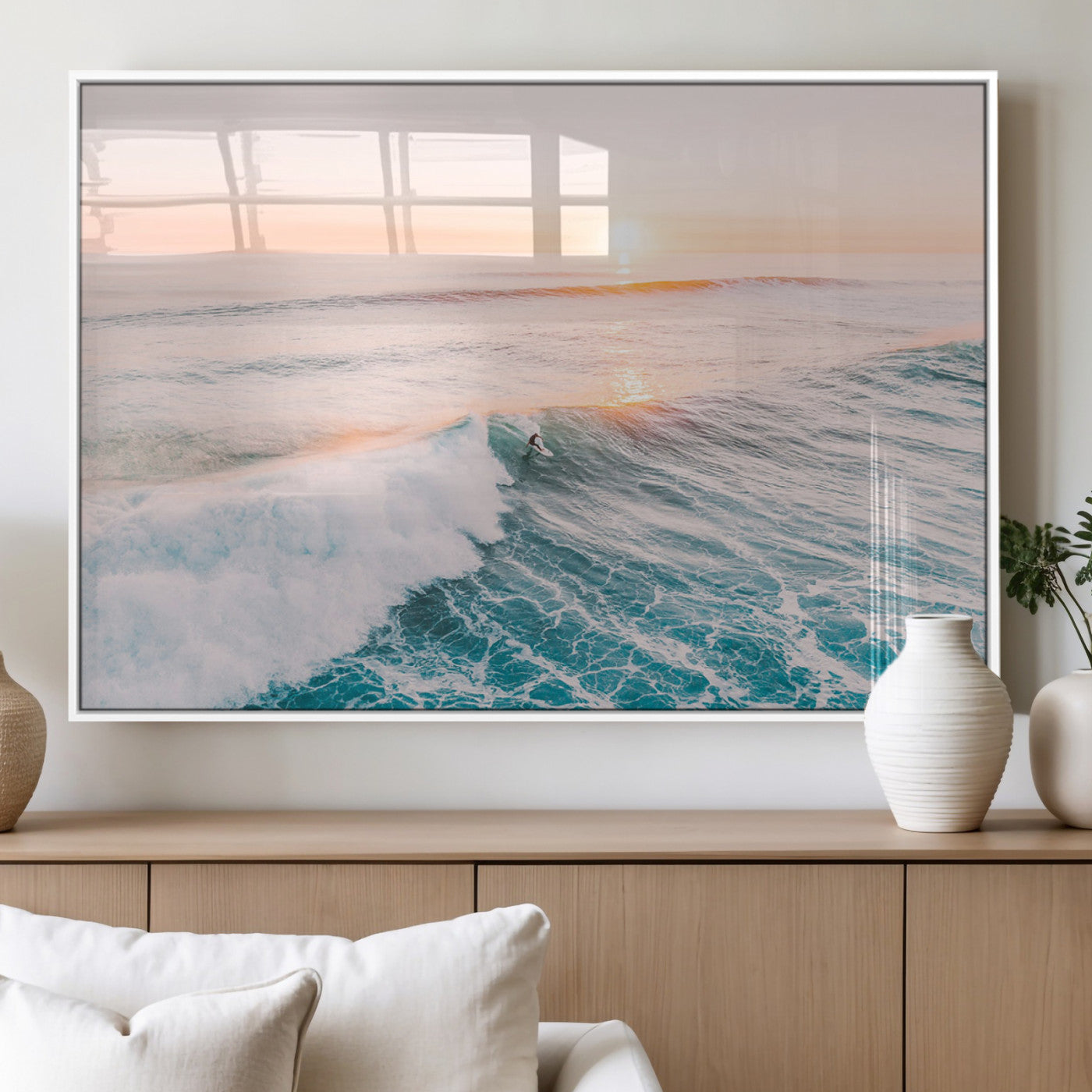 34064591-MGV-FP-36X24-3P_White-Surfing Wall Art – Sunset Ocean Wave Canvas Print, Surfer Riding Sea Photography Decor for Bedroom, Living Room, Office, Coastal