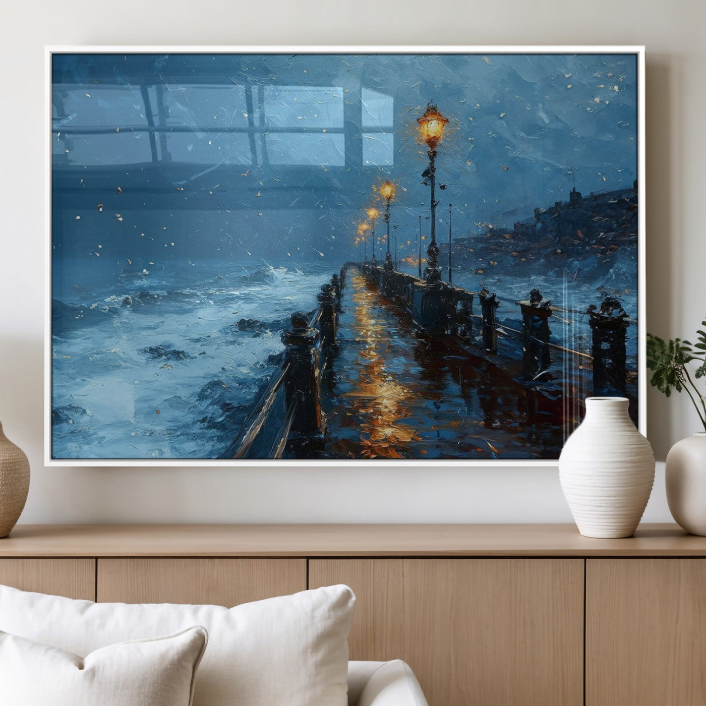 93793246-MGV-FP-36X24-3P_White-Stormy Night Pier Canvas Wall Art – Moody Ocean Landscape with Lights, Blue Coastal Seascape Print for Bedroom, Living Room,