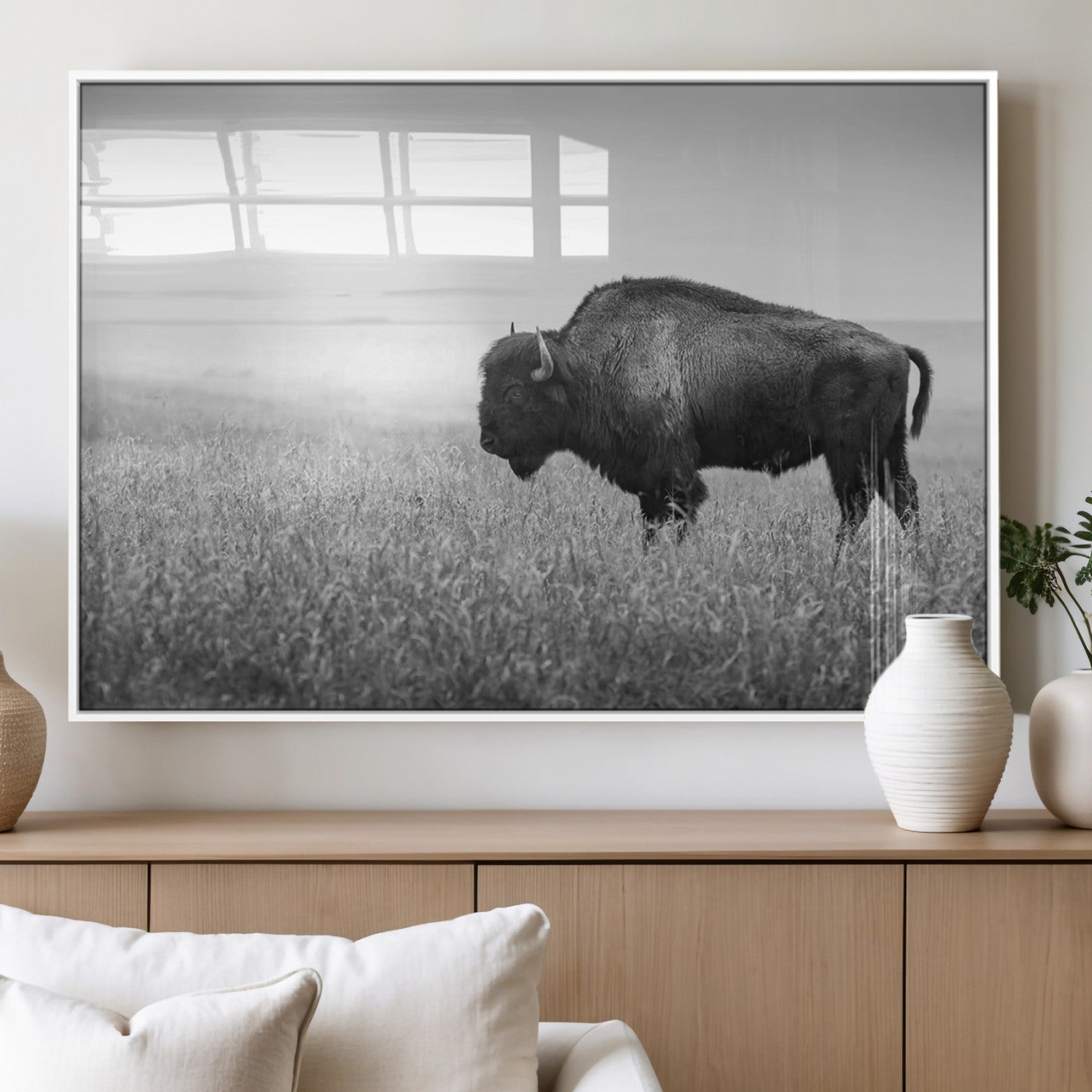 90861202-MGV-FP-36X24-3P_White-Black and White Bison Canvas Wall Art – Rustic American Buffalo Print, Western Wildlife Photography for Farmhouse, Cabin, Office