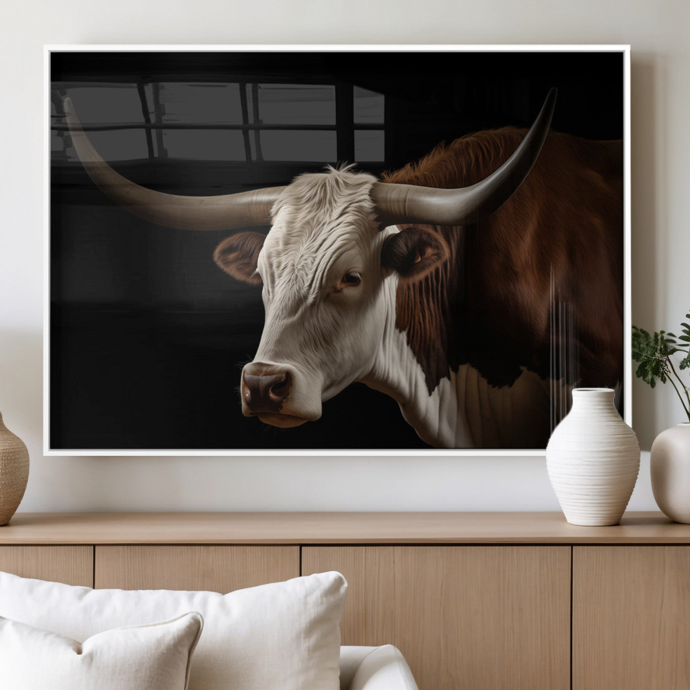 27414857-MGV-FP-60X30-3P_White-Texas Longhorn Bull Canvas Wall Art – Rustic Western Farmhouse Decor, Brown & White Cow Portrait, Animal Print for Ranch Home