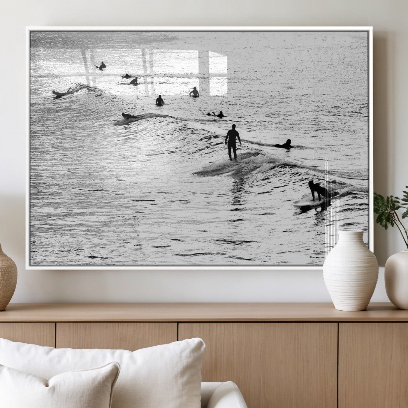 68018616-MGV-FP-36X24-3P_White-Black and White Surf Photography Print – Minimalist Ocean Wall Art, Surfers Riding Waves, Coastal Beach Decor for Modern Home or