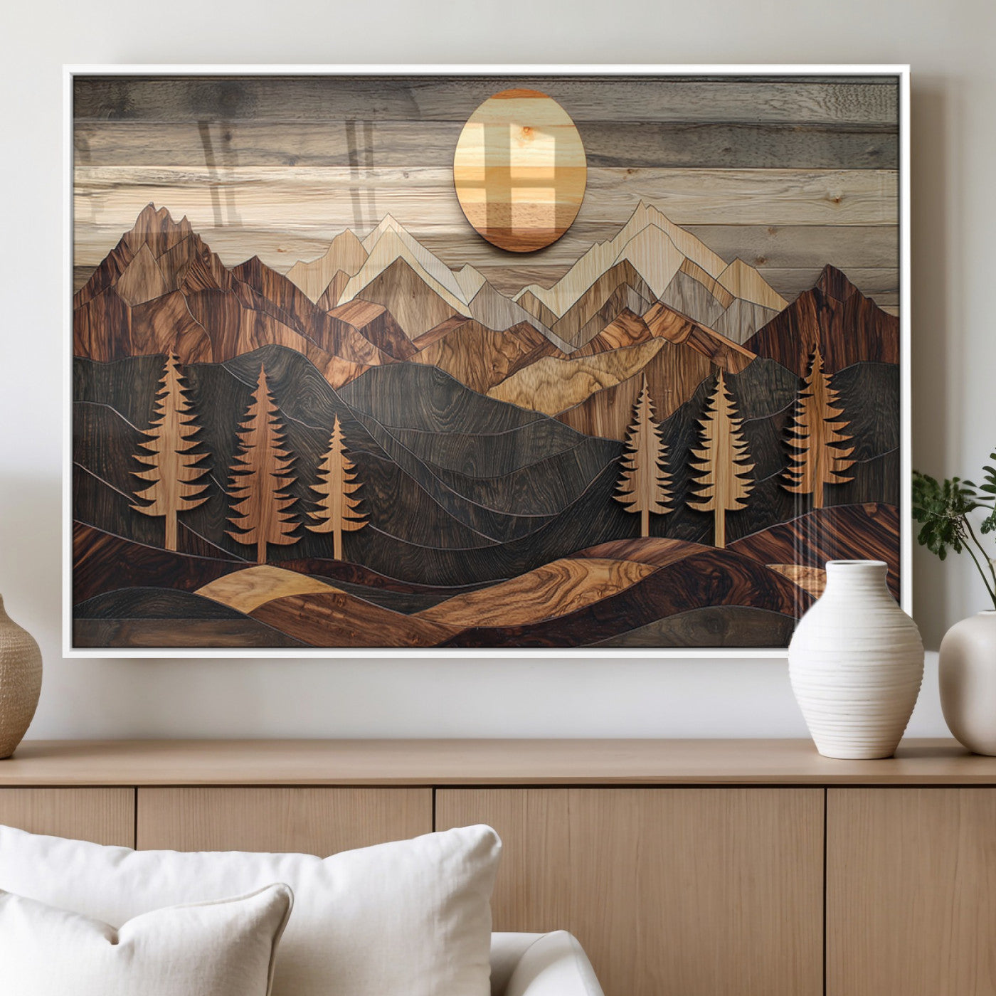 90044381-MGV-FP-36X24-3P_White-Rustic Wall Art – Wooden Mountain Landscape with Sun and Pine Trees, Handcrafted Nature Canvas Style Decor for Bedroom, Living