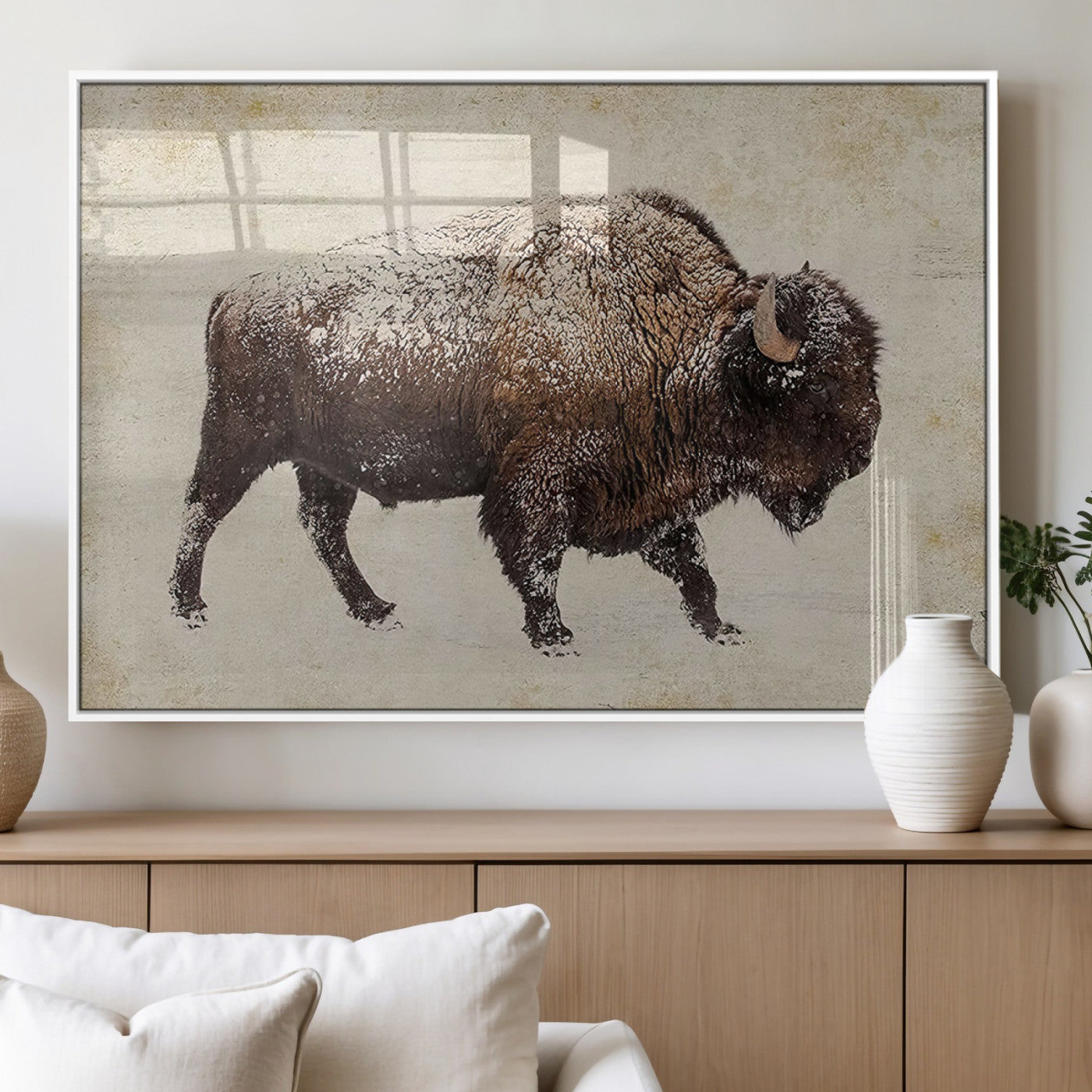 54810031-MGV-FP-36X24-3P_White-Western Wall Art – Snow Covered Bison Canvas Print, Rustic Wildlife Photography Decor for Bedroom, Living Room, Office, Lodge,