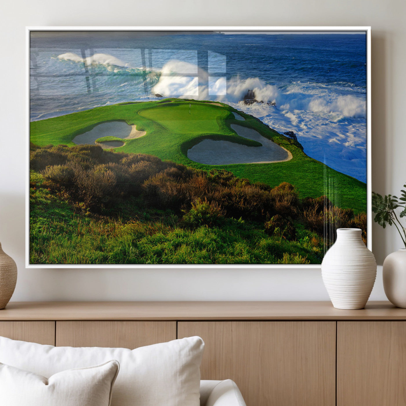 13644055-MGV-FP-36X24-3P_White-Golf Wall Art – Oceanfront Green Canvas Print, Scenic Coastal Course Photography Decor for Bedroom, Living Room, Office, Sports