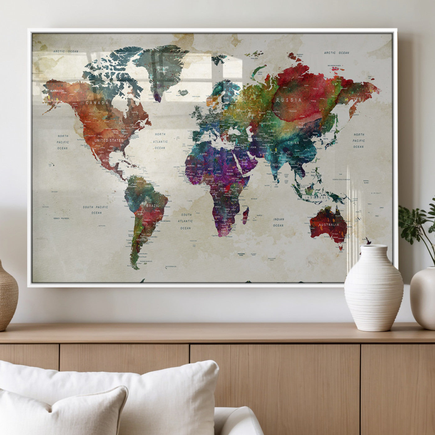 27689508-MGV-FP-36X24-3P_White-World Map Wall Art – Colorful Watercolor Style Canvas Print, Modern Travel Map Artwork for Office, Study, Classroom, Living Room