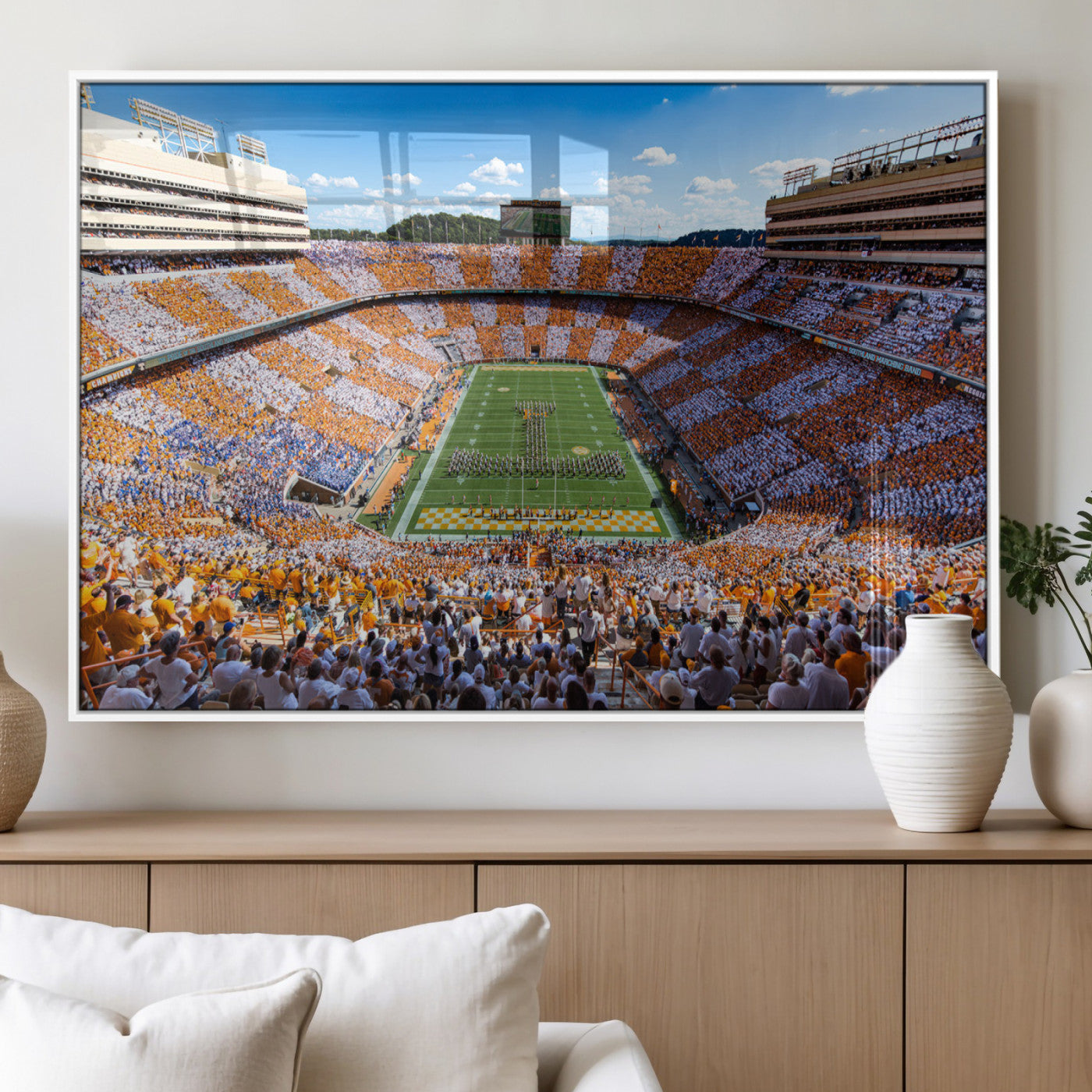 64238859-MGV-FP-36X24-3P_White-Neyland Stadium Wall Art – Panoramic Tennessee Volunteers Power T Checkerboard Crowd Canvas Print, Day Game Football Band Sports