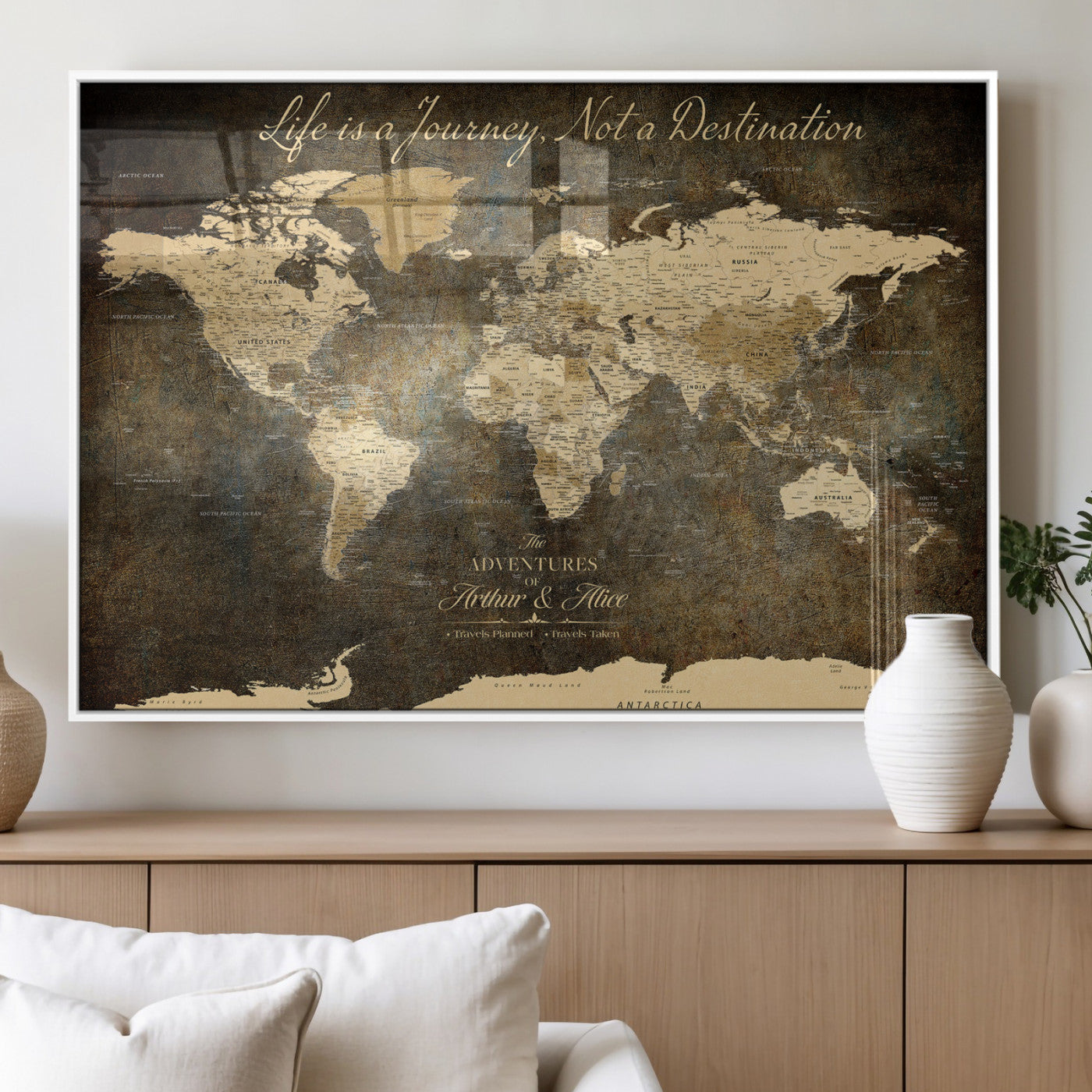 13394308-MGV-FP-36X24-3P_White-Personalized World Map Wall Art – Dark Rustic Vintage Adventure Travel Map with Custom Couple Names, Timeless Wall Decor for Home