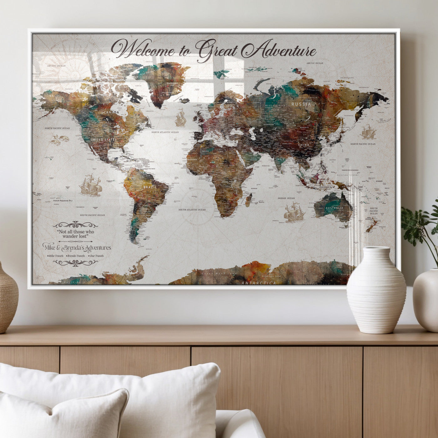 67029173-MGV-FP-36X24-3P_White-Personalized World Map Wall Art – Colorful Vintage Adventure Travel Map with Custom Couple Names, Rustic Wall Decor for Home,