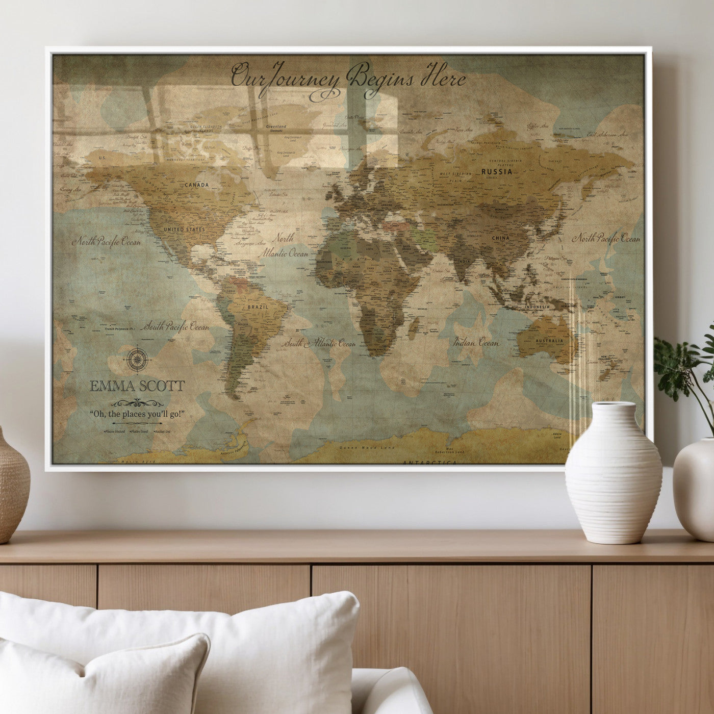 54795344-MGV-FP-36X24-3P_White-Personalized World Map Wall Art – Vintage Adventure Travel Map with Custom Names, Rustic Wall Décor for Couples, Families