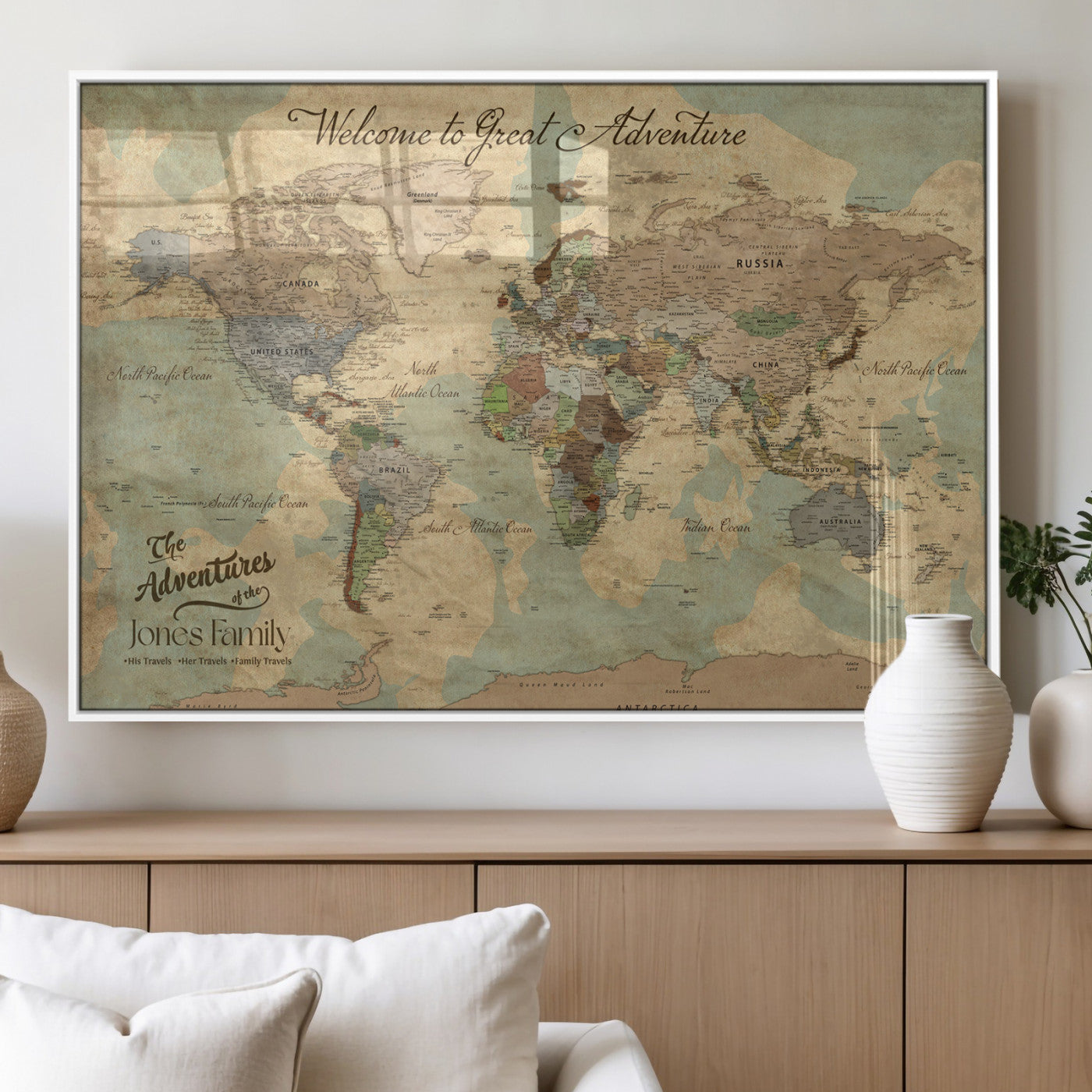 32019746-MGV-FP-36X24-3P_White-Personalized World Map Wall Art – Vintage Camo Adventure Travel Map with Custom Family Names, Rustic Wall Decor for Couples, Home