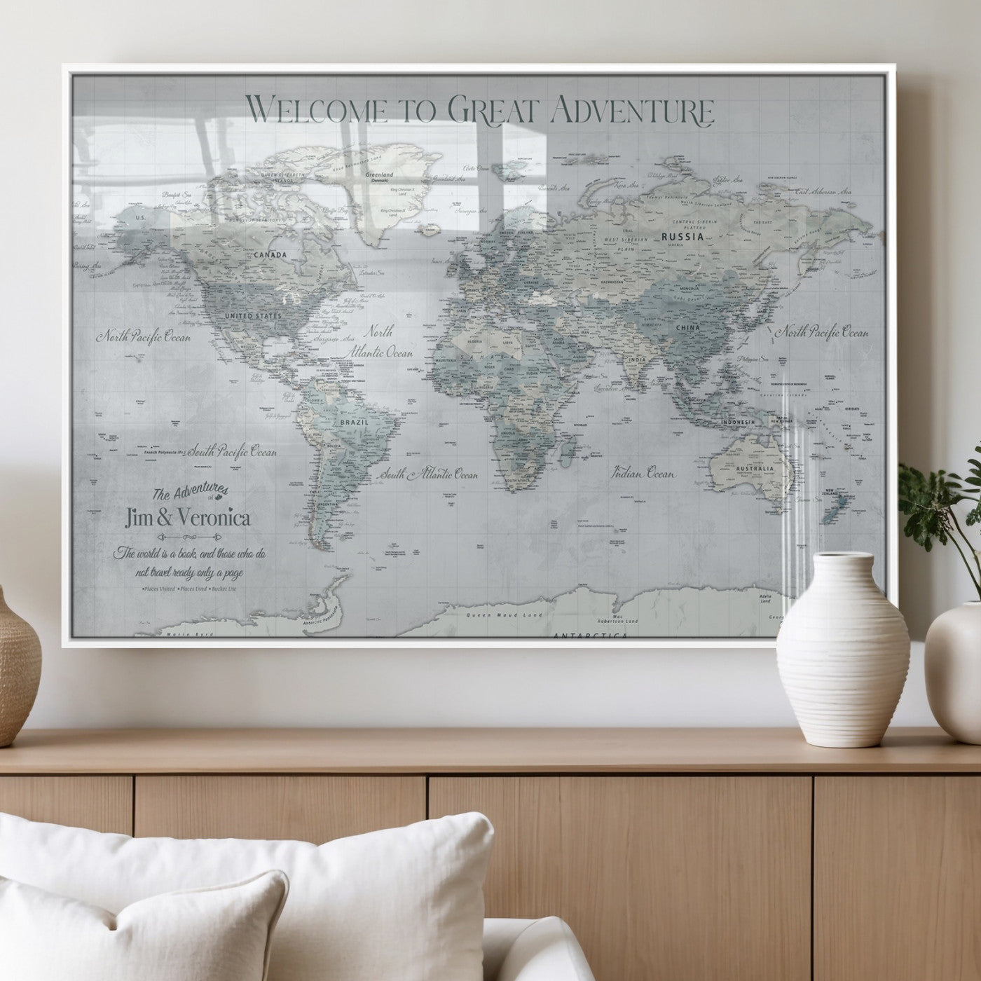 70605050-MGV-FP-36X24-3P_White-Personalized World Map Wall Art – Cool Gray Adventure Travel Map with Custom Names, Elegant Push Pin Canvas for Couples, Family