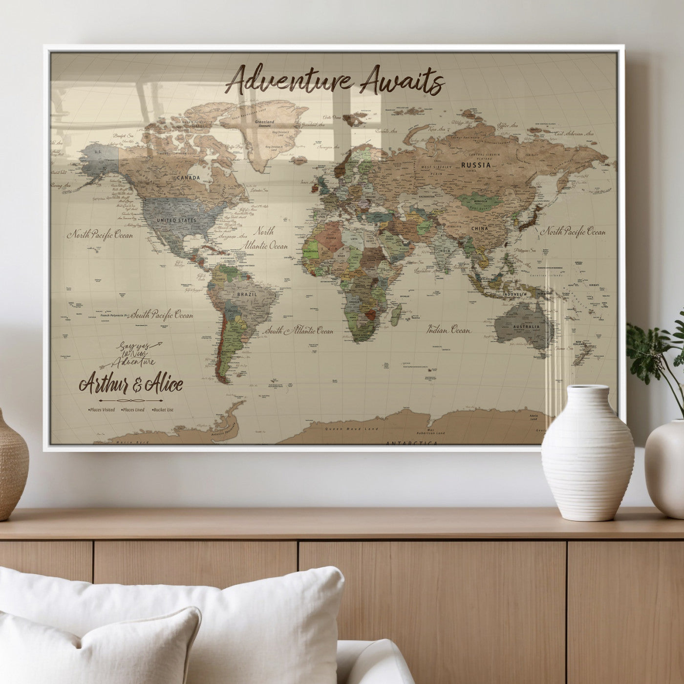53442996-MGV-FP-36X24-3P_White-Personalized World Map Wall Art – Adventure Awaits Vintage Travel Map with Custom Couple Names, Rustic Wall Decor for Home,