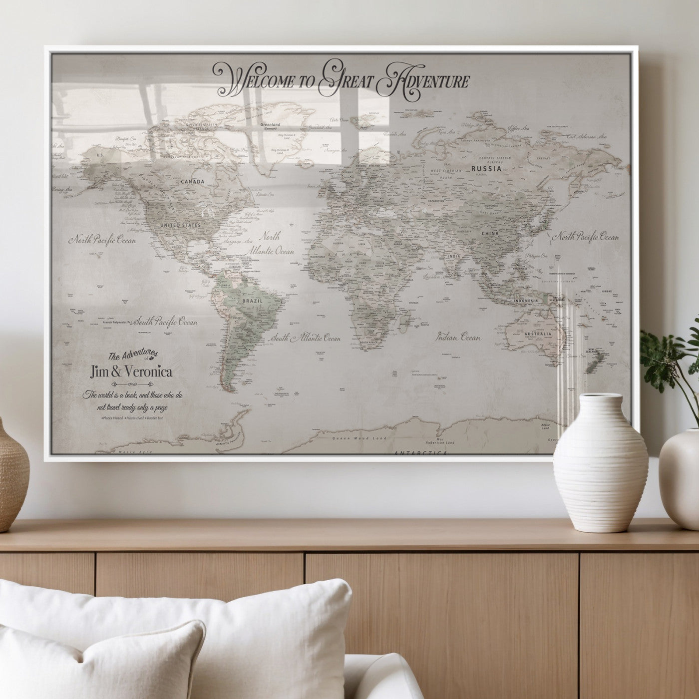 93034948-MGV-FP-36X24-3P_White-Personalized World Map Wall Art – Vintage Beige Adventure Travel Map with Custom Names, Elegant Push Pin Canvas for Couples,