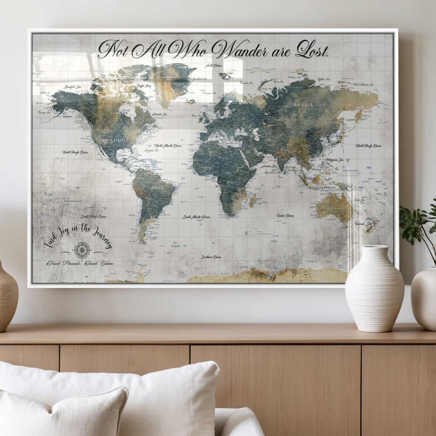 16233493-MGV-FP-36X24-3P_White-Personalized World Map Wall Art – Rustic Blue Green Wanderlust Travel Map with Custom Couple Names, Vintage Wall Decor for Home