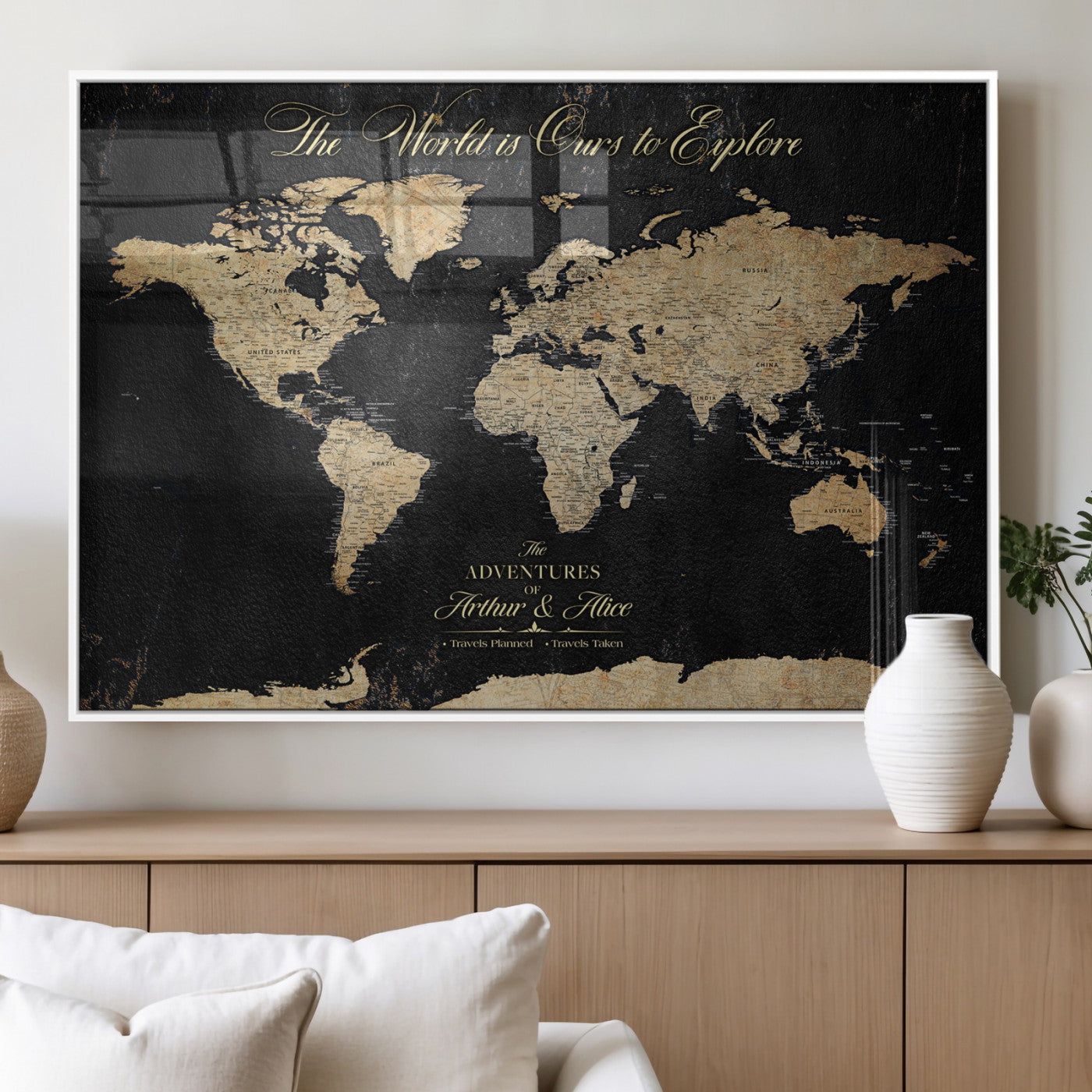 98947257-MGV-FP-36X24-3P_White-Personalized World Map Wall Art – Vintage Black Adventure Travel Map with Custom Names, Elegant Push Pin Canvas for Couples Home