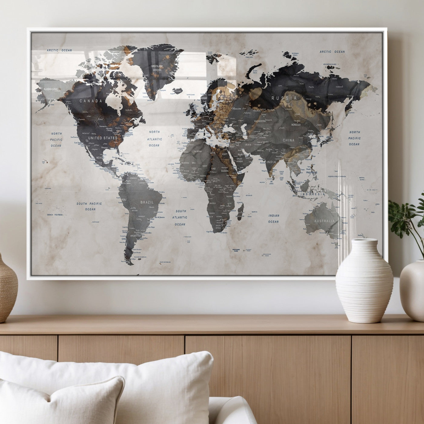 MGV-FP-36X24-3P - World Map Wall Art Canvas Print, Framed Rustic Map Art Picture Print, Antique Map Perfect Rustic Explorer Decor Artwork