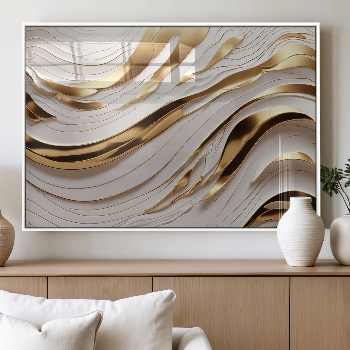 41237-MGV-FP-36X24-3P_White-Gold Waves Wall Art Canvas Print, Framed Elegant Flow Art Picture Print, Luxury Layers Perfect Minimal Luxe Decor Artwork