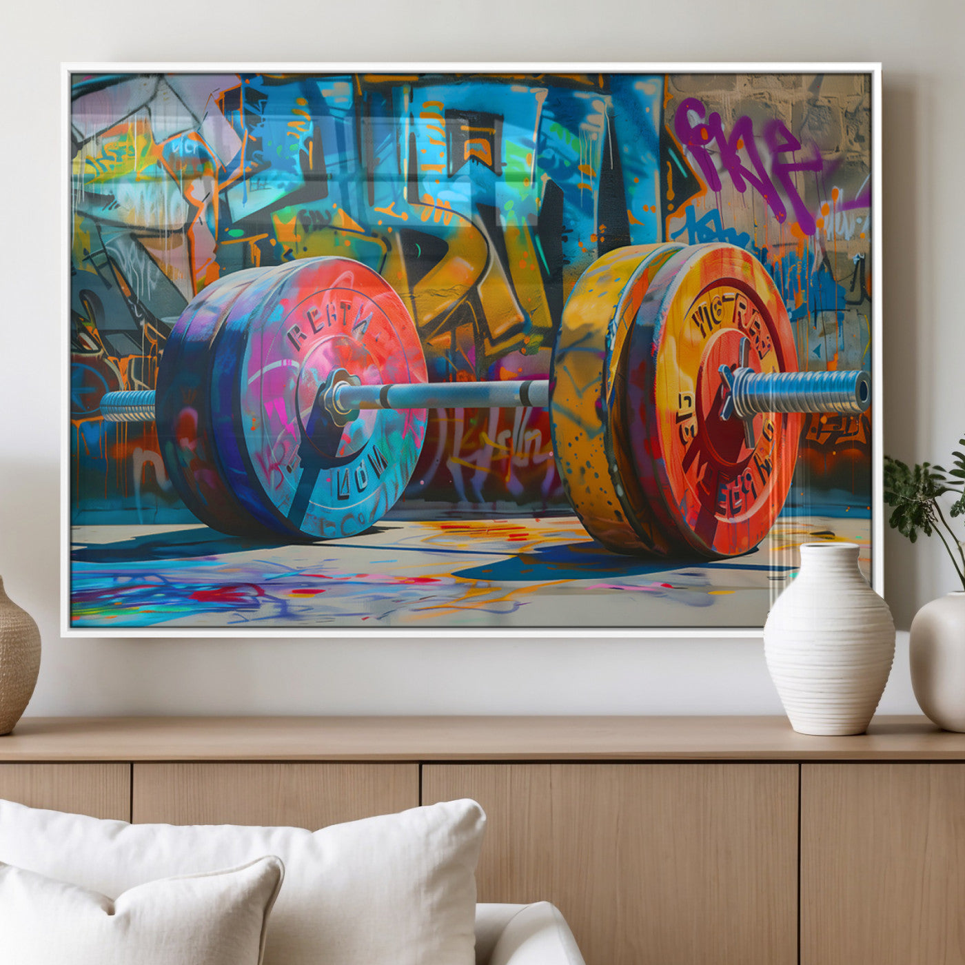 85141-MGV-FP-36X24-3P_White-Colorful Barbell Wall Art Canvas Print, Framed Street Gym Art Picture Print, Graffiti Workout Perfect Urban Fitness Decor Artwork