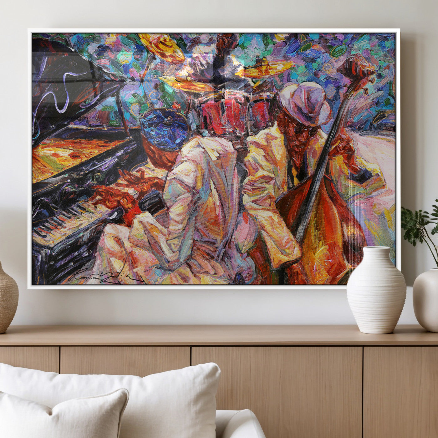 13675-MGV-FP-60X30-3P_White-Jazz Band Wall Art Canvas Print, Framed Jazz Oil Painting Art Picture Print, Vibrant Music Perfect Abstract Musical Decor Artwork