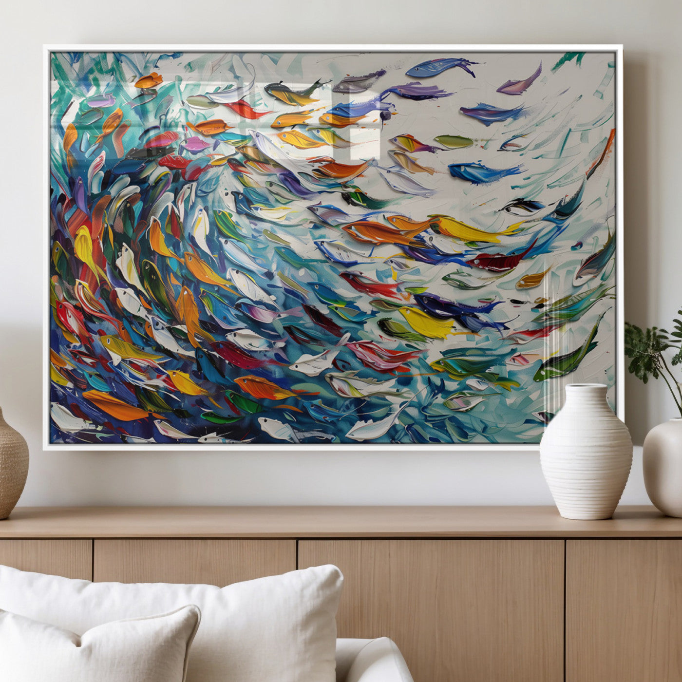 80105-MGV-FP-60X30-3P_White-Watercolor Fish Wall Art Canvas Print, Framed Vibrant Swirl Art Picture Print, Fish Swarm Perfect Vibrant Coastal Decor Artwork