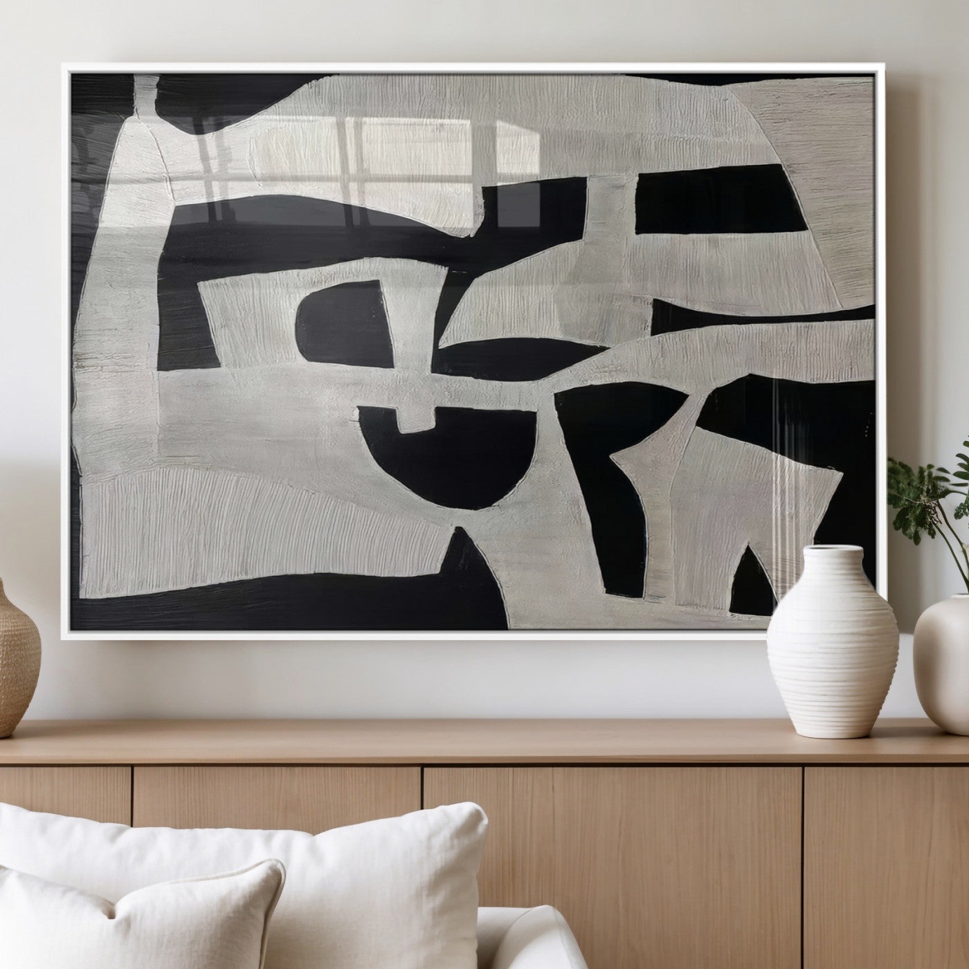 33714-MGV-FP-36X24-3P_White-Monochrome Design Wall Art Canvas Print, Framed Modern Linework Art Picture Print, Textured Shapes Perfect Monochrome Modern Decor