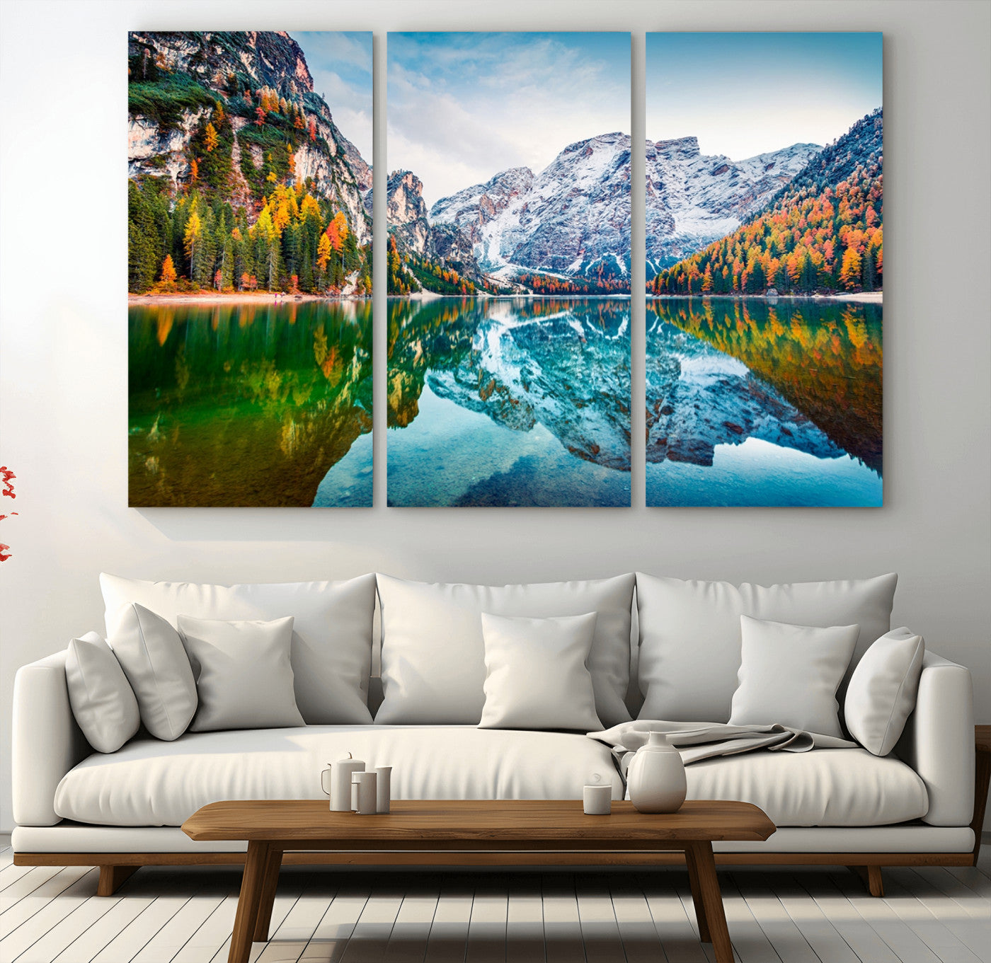 10402-MGV-CV-36X24-Snowy Mountain Lake Wall Art – Autumn Landscape Canvas Print with Reflection, Nature Decor for Living Room, Office, Bedroom or