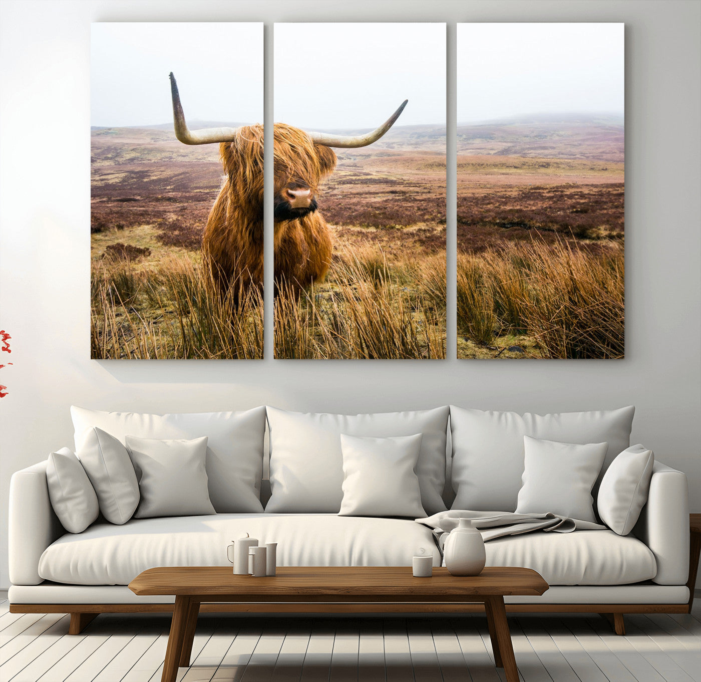 79391-MGV-CV-36X24-Majestic Highland Cow in Misty Scottish Moorland – Rustic Natural Charm, Perfect for Unique Home or Office Decor