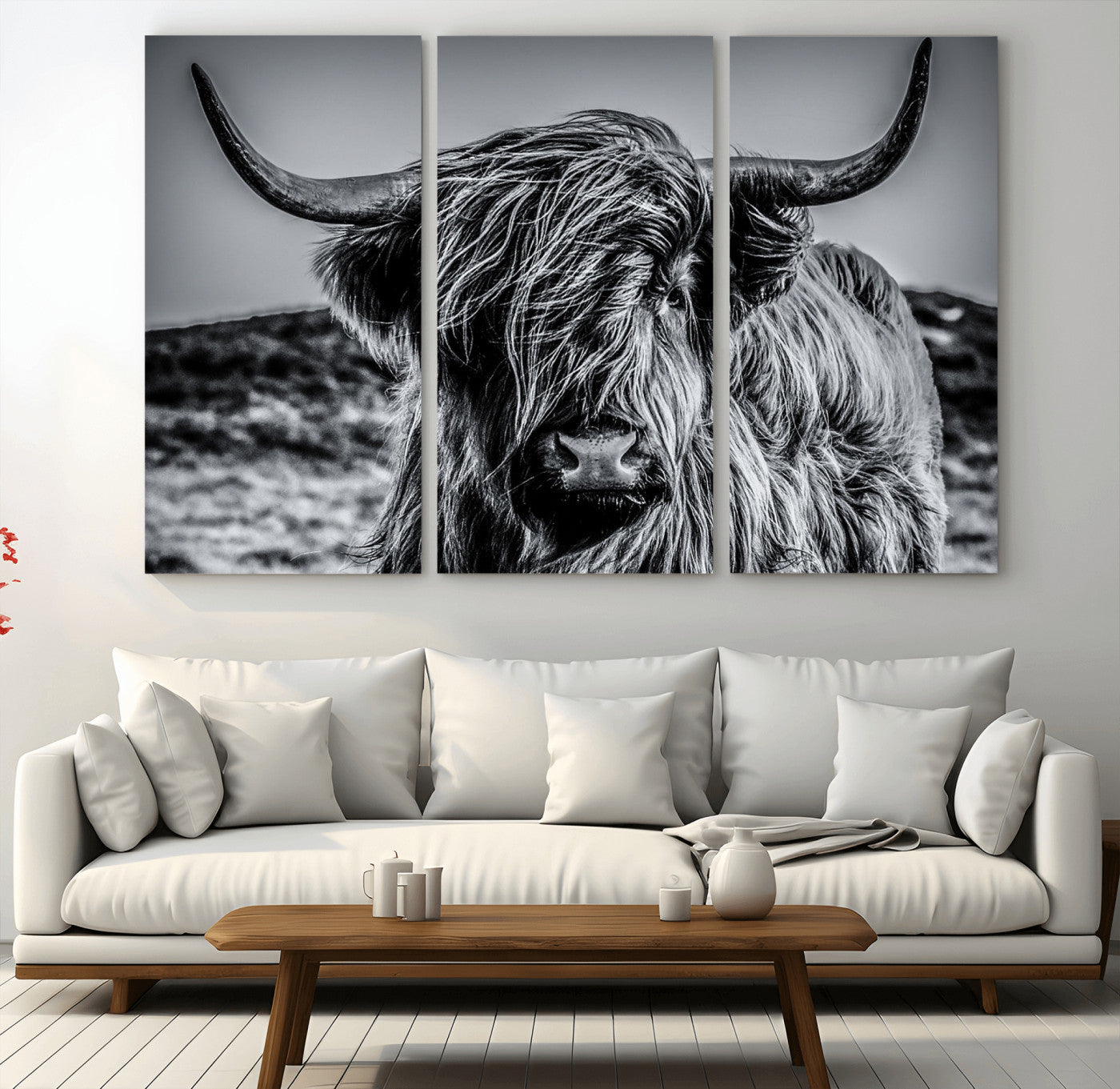 97372-MGV-CV-36X24-Elegant Highland Cow Wall Art – Black and White Canvas Print, Rustic Nature Decor for Home, Office, Living Room or Man Cave