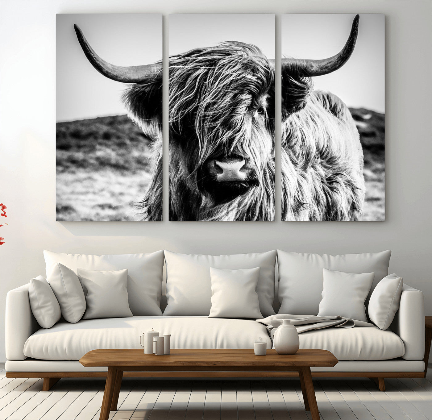 36979-MGV-CV-36X24-Striking black-and-white portrait of a Highland cow with flowing fur and majestic horns, perfect for rustic and elegant home or