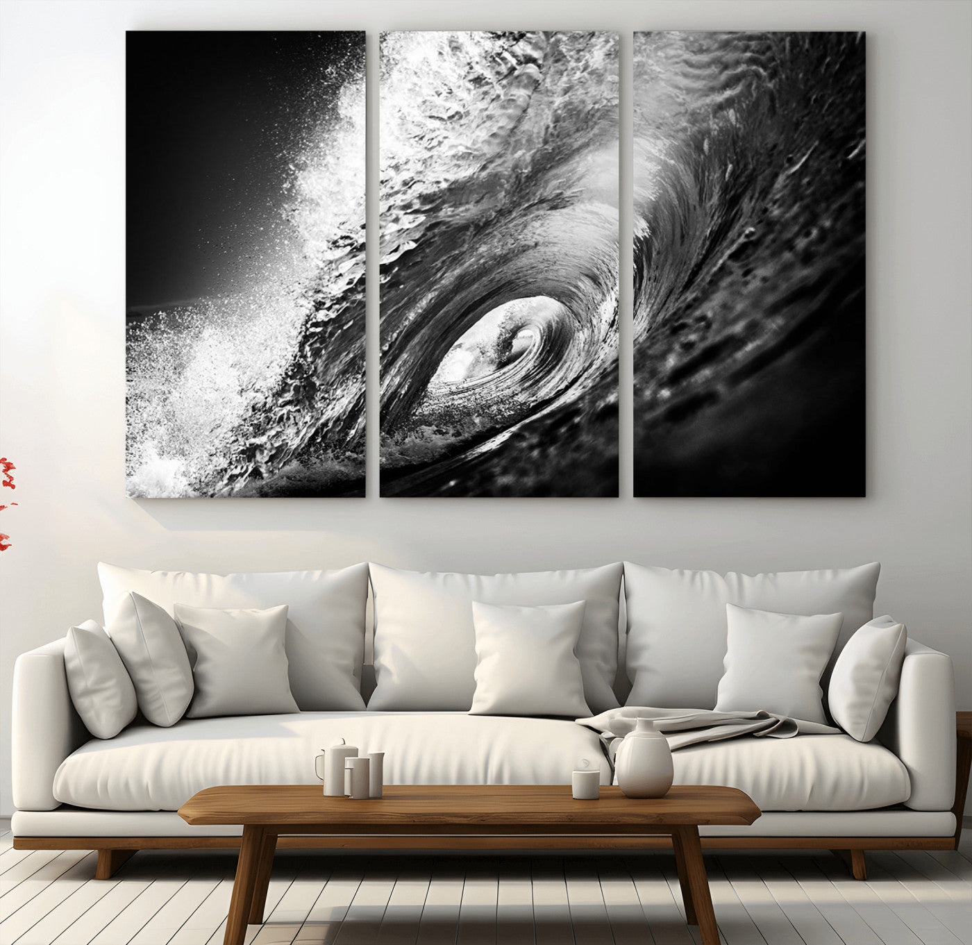 22702-MGV-CV-48X32-3P-Black and White Ocean Wave Wall Art – Powerful Surf Curl Photography Canvas Print, Modern Coastal Decor for Living Room, Office or
