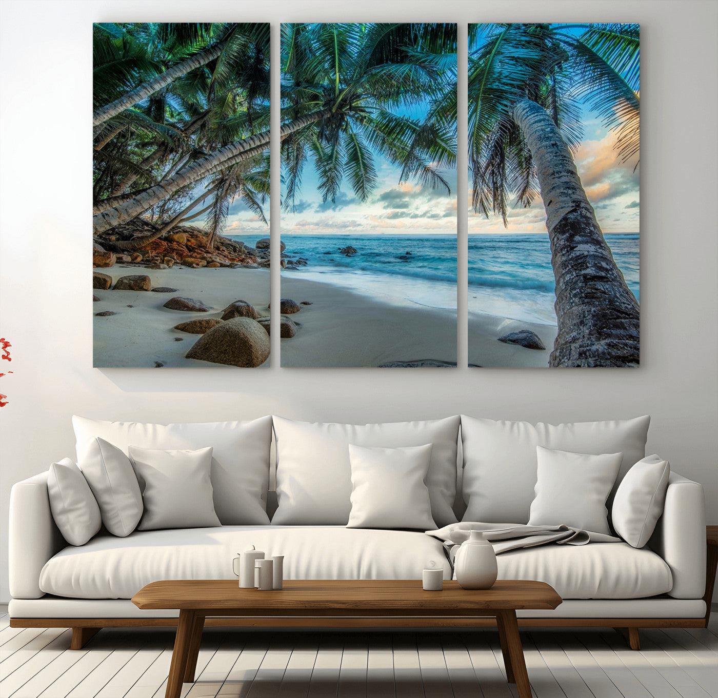 39679-MGV-CV-48X32-3P-Tropical Palm Beach Wall Art – Serene Ocean Canvas Print with Palm Trees and Rocks, Coastal Paradise Decor for Living Room or