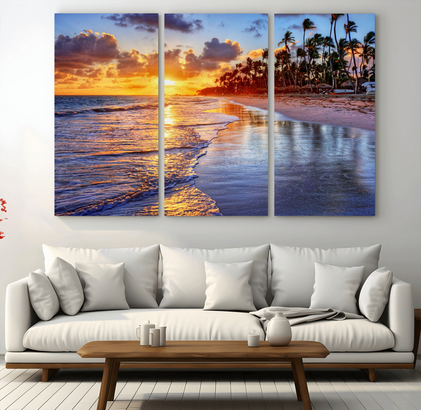 19917-MGV-CV-48X32-3P-Tropical Sunset Beach Wall Art – Panoramic Palm Trees and Ocean Canvas Print, Vibrant Coastal Decor for Living Room, Office or Man