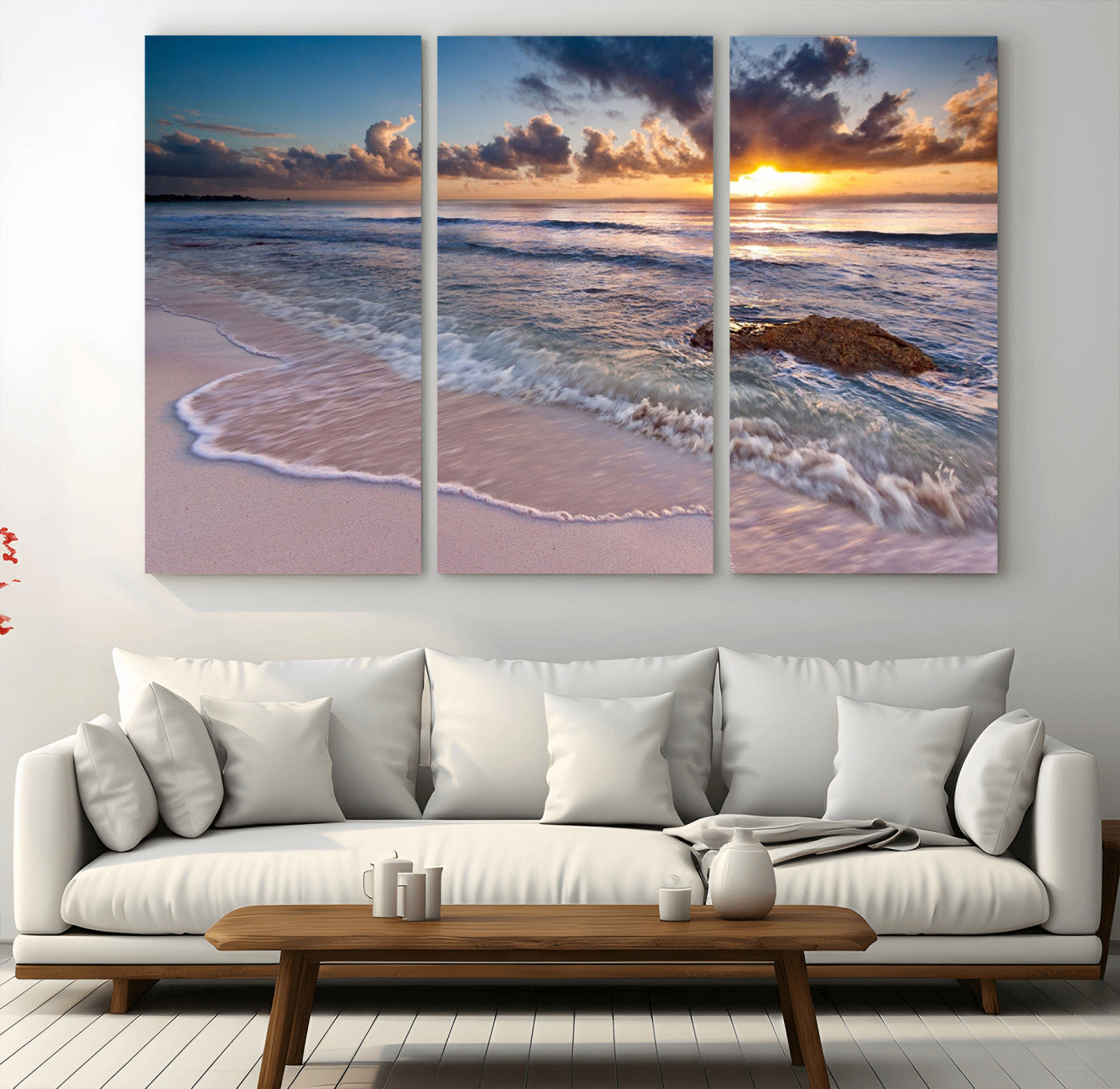 94906-MGV-CV-48X32-3P-Sunrise Beach Wall Art – Panoramic Ocean Waves Canvas Print, Coastal Sunset Seascape Artwork for Living Room, Bedroom, or Office