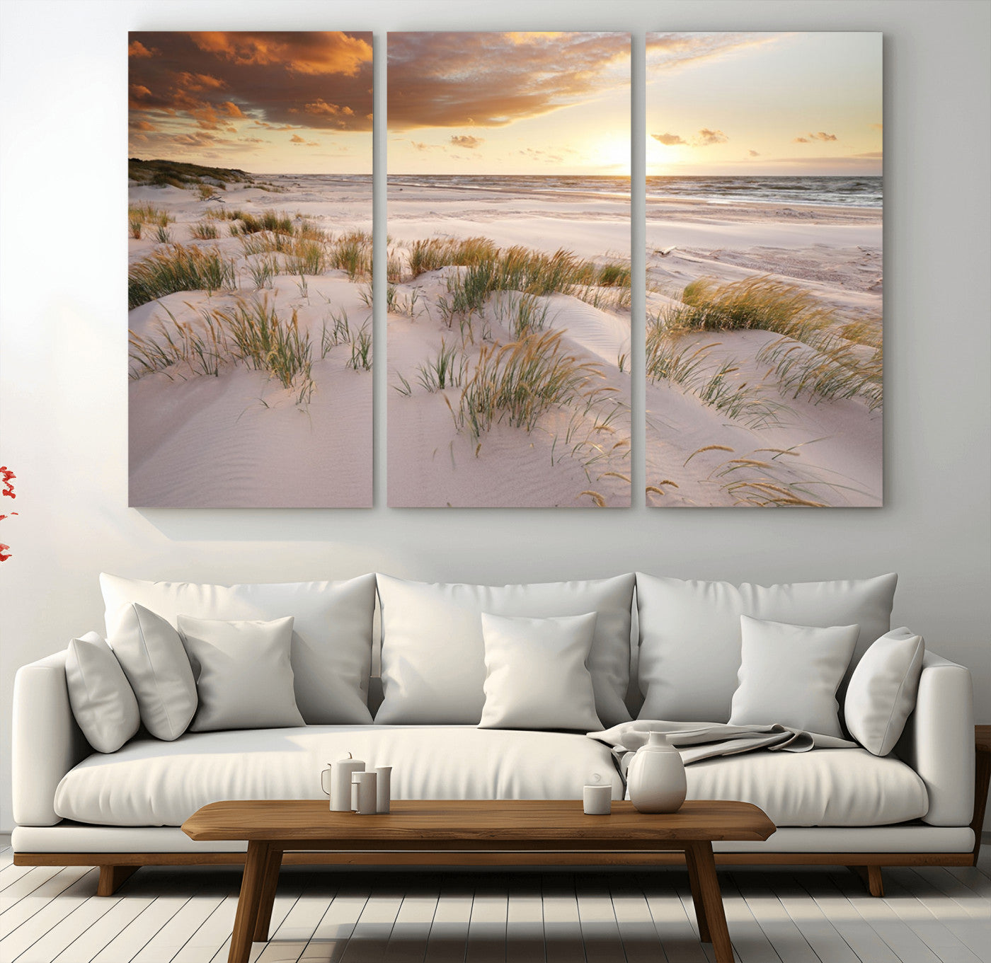 61246-MGV-CV-48X32-3P-Coastal Sand Dunes Wall Art – Serene Beach Sunset Canvas Print with Grasses and Ocean View, Tranquil Seaside Decor for Living Room