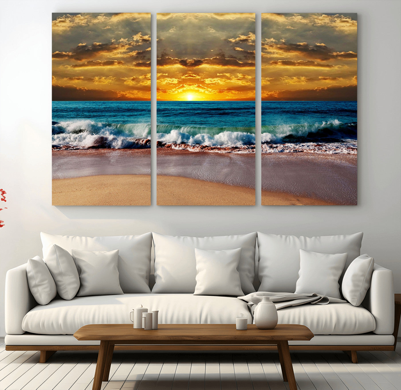 83389-MGV-CV-48X32-3P-Ocean Sunrise Wall Art – Vibrant Beach Waves Canvas Print, Coastal Seascape Decor for Living Room or Office