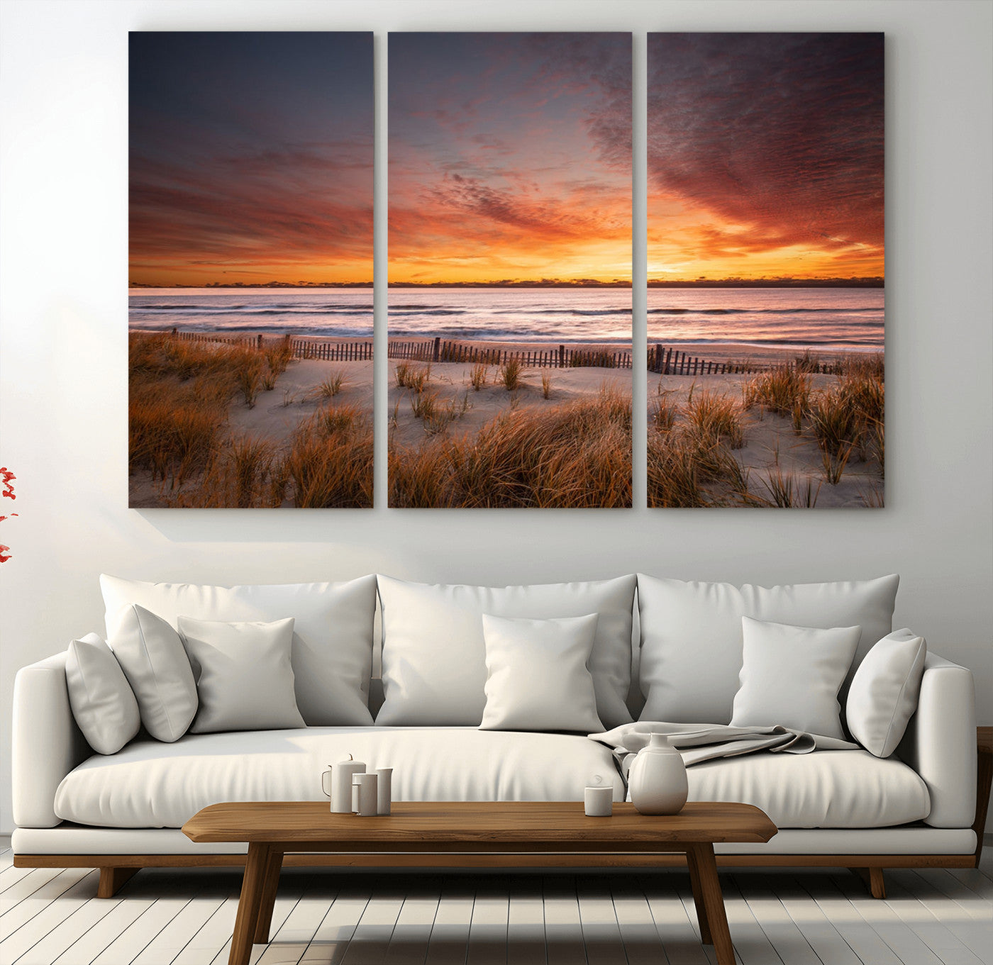 90176-MGV-CV-48X32-3P-Beach Sunset Wall Art – Coastal Sand Dune Canvas Print with Ocean Waves and Dramatic Sky, Seaside Landscape Decor for Living Room