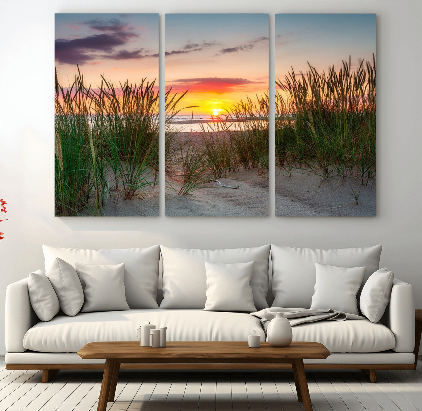 25576-MGV-CV-48X32-3P-Beach Grass Sunset Wall Art – Coastal Sand Dune Landscape Canvas Print, Ocean View Nature Decor for Living Room or Office Wall