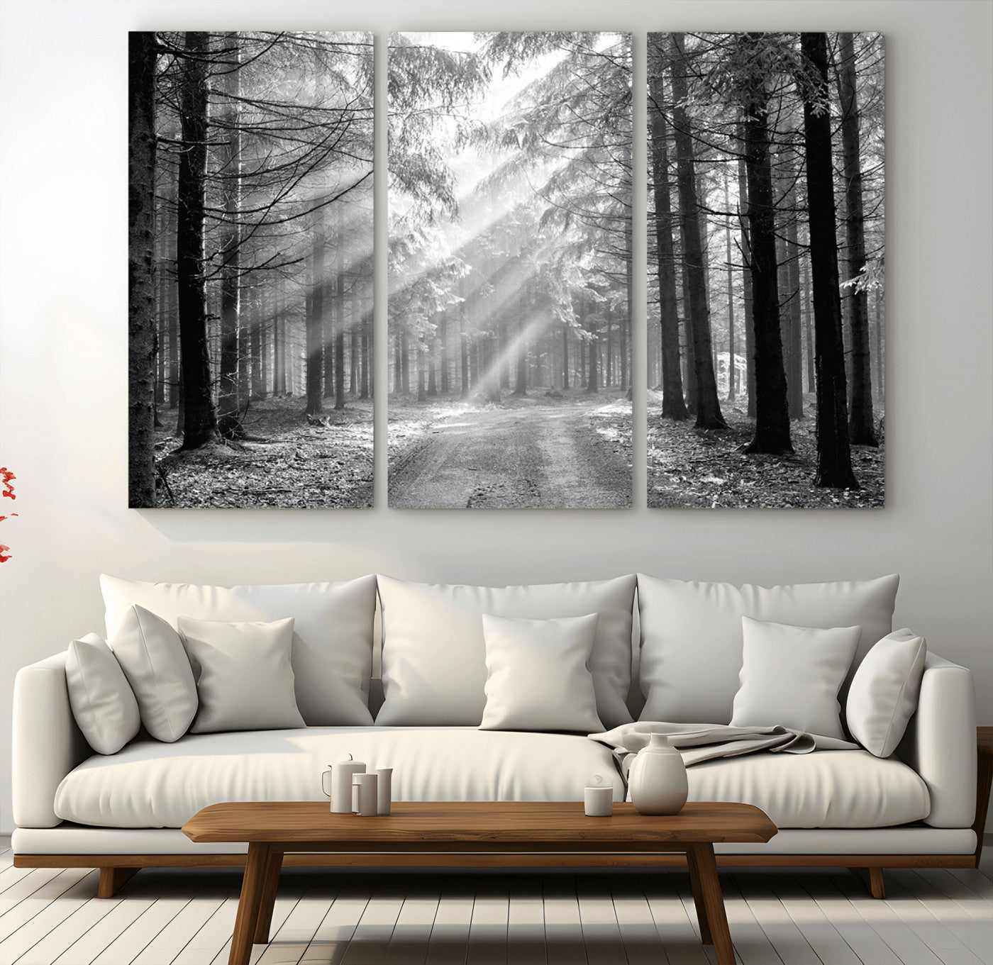 39665-MGV-CV-36X24-Black and White Forest Path Wall Art – Sunlight Rays in Trees Canvas Print, Nature Landscape Decor for Living Room or Office