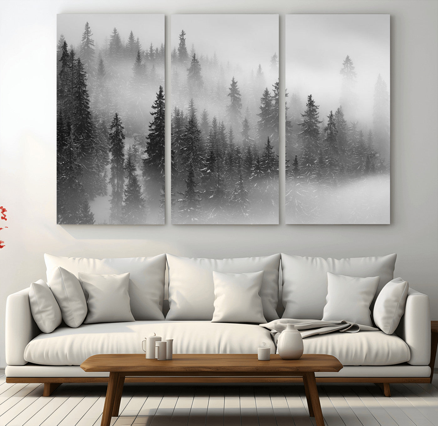 57235-MGV-CV-48X32-3P-Misty Pine Forest Wall Art – Black and White Mountain Landscape Canvas Print, Nature Woodland Decor for Living Room, Bedroom or