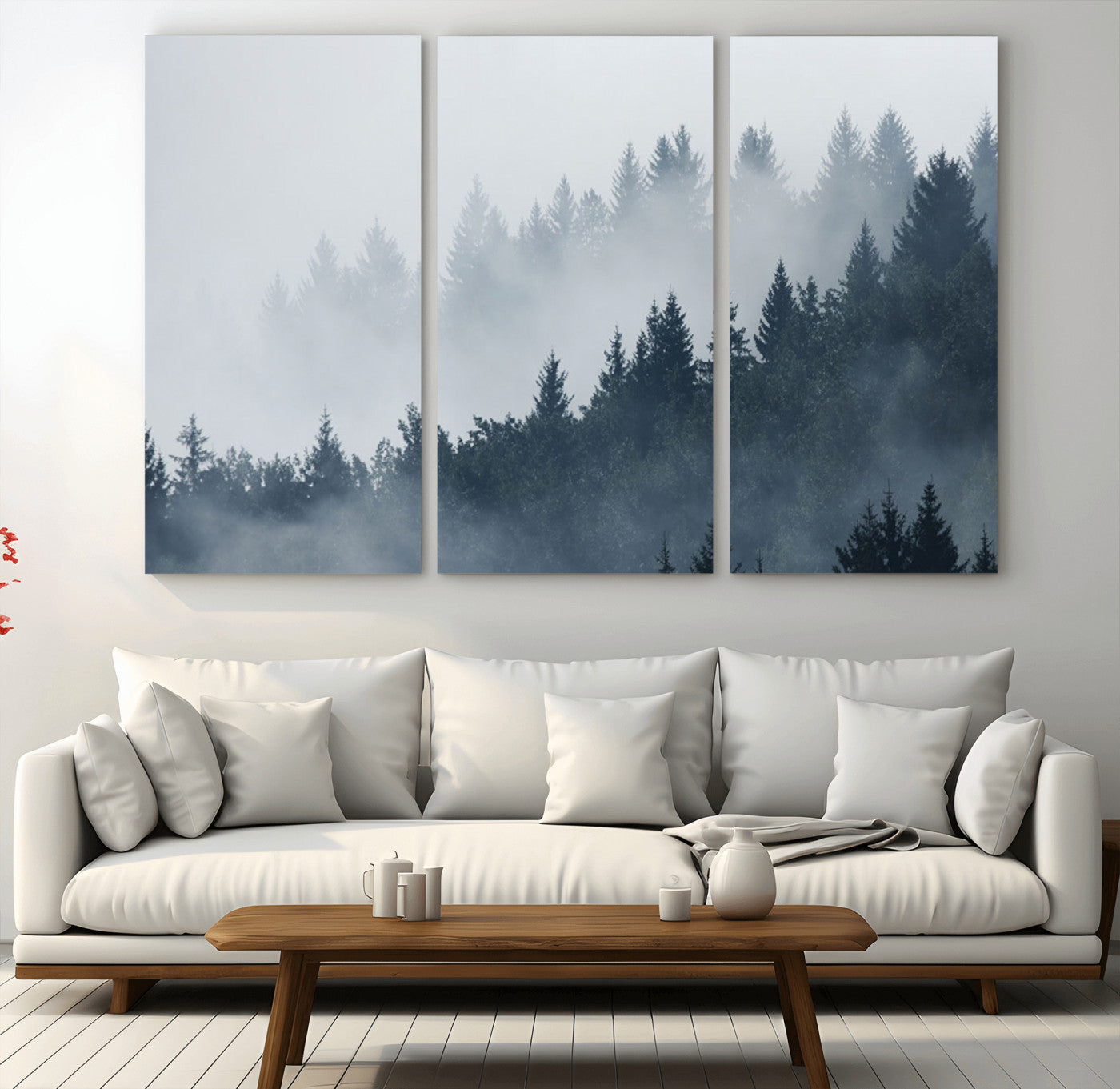 23671-MGV-CV-48X32-3P-Misty Forest Wall Art – Serene Foggy Pine Trees Landscape Canvas Print, Tranquil Nature Decor for Living Room, Bedroom or Office