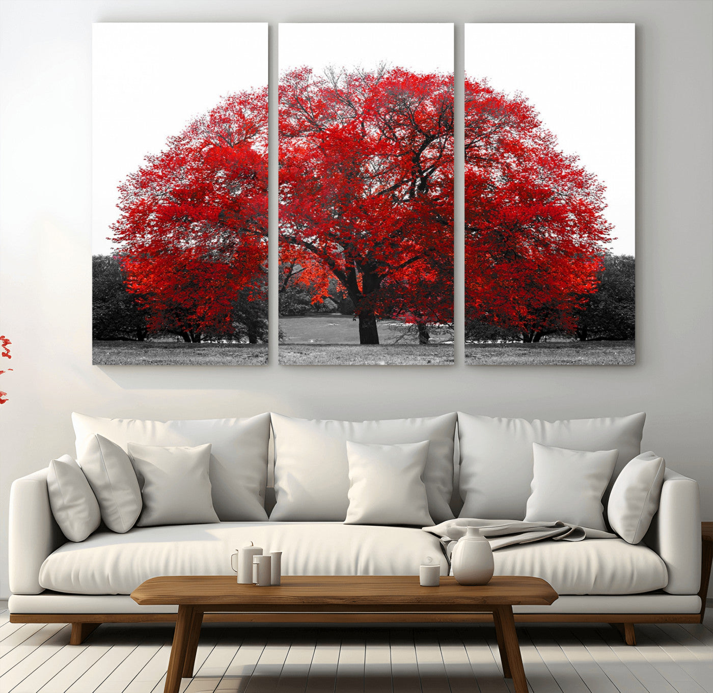 80021-MGV-CV-48X32-3P-Red Tree Wall Art – Striking Black and White Landscape Canvas Print with Vibrant Red Leaves, Modern Nature Decor for Living Room