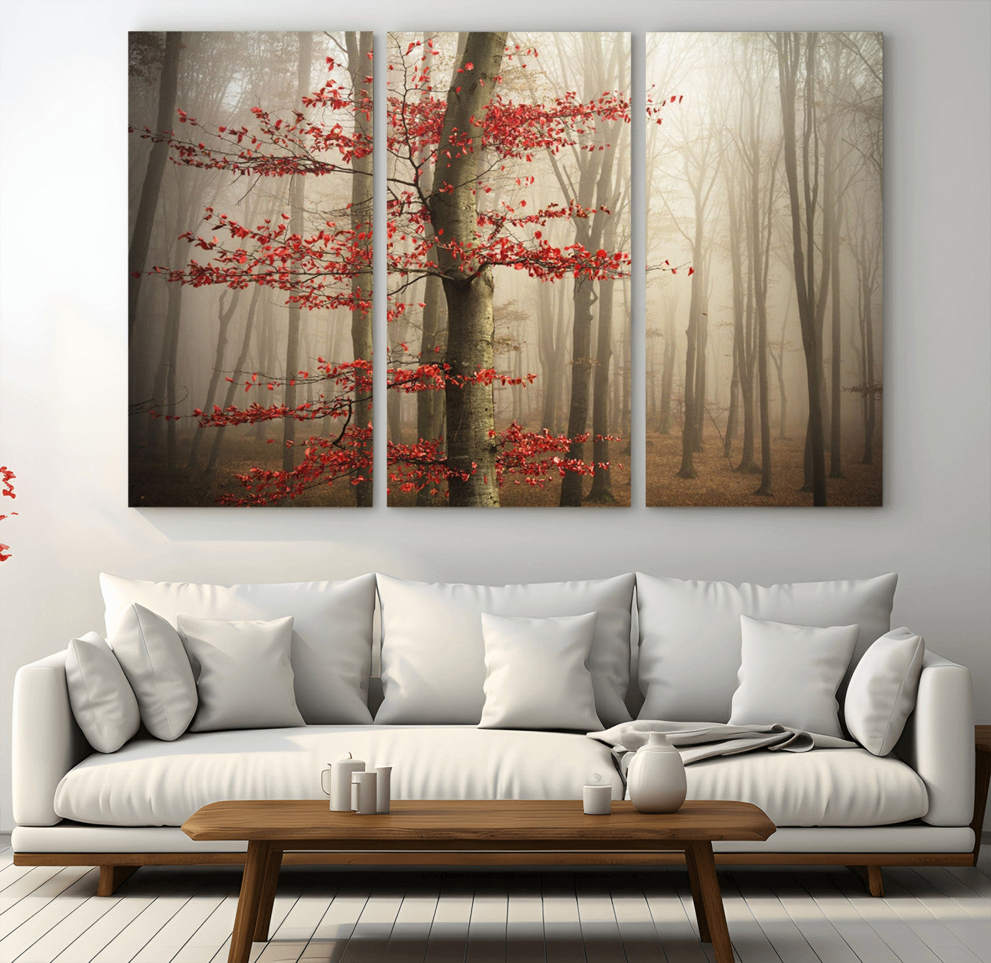 61855-MGV-CV-36X24-Misty Forest Wall Art – Red Tree with Autumn Leaves Canvas Print, Moody Woodland Nature Decor for Living Room, Bedroom, or Office