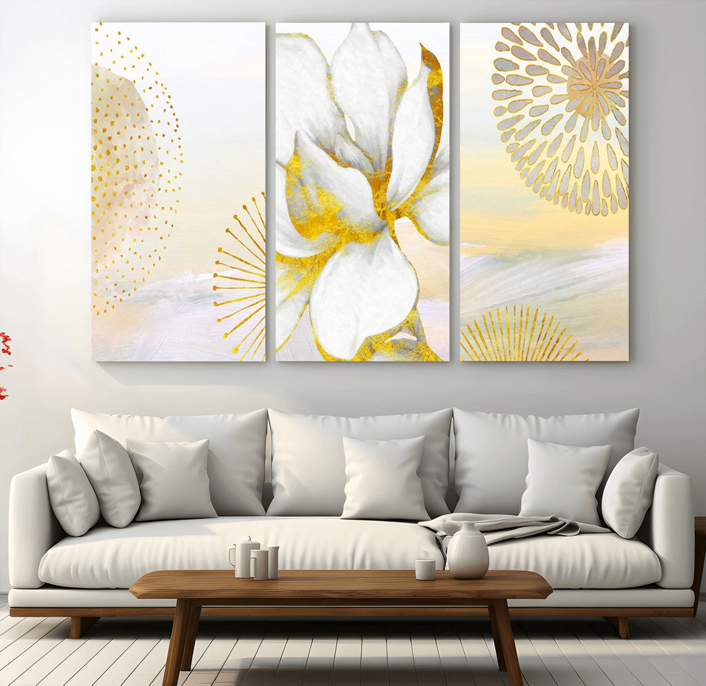 82301-MGV-CV-36X24-Modern Floral Wall Art – White Flower with Gold Detailing Canvas Print, Elegant Abstract Artwork for Living Room, Bedroom, or
