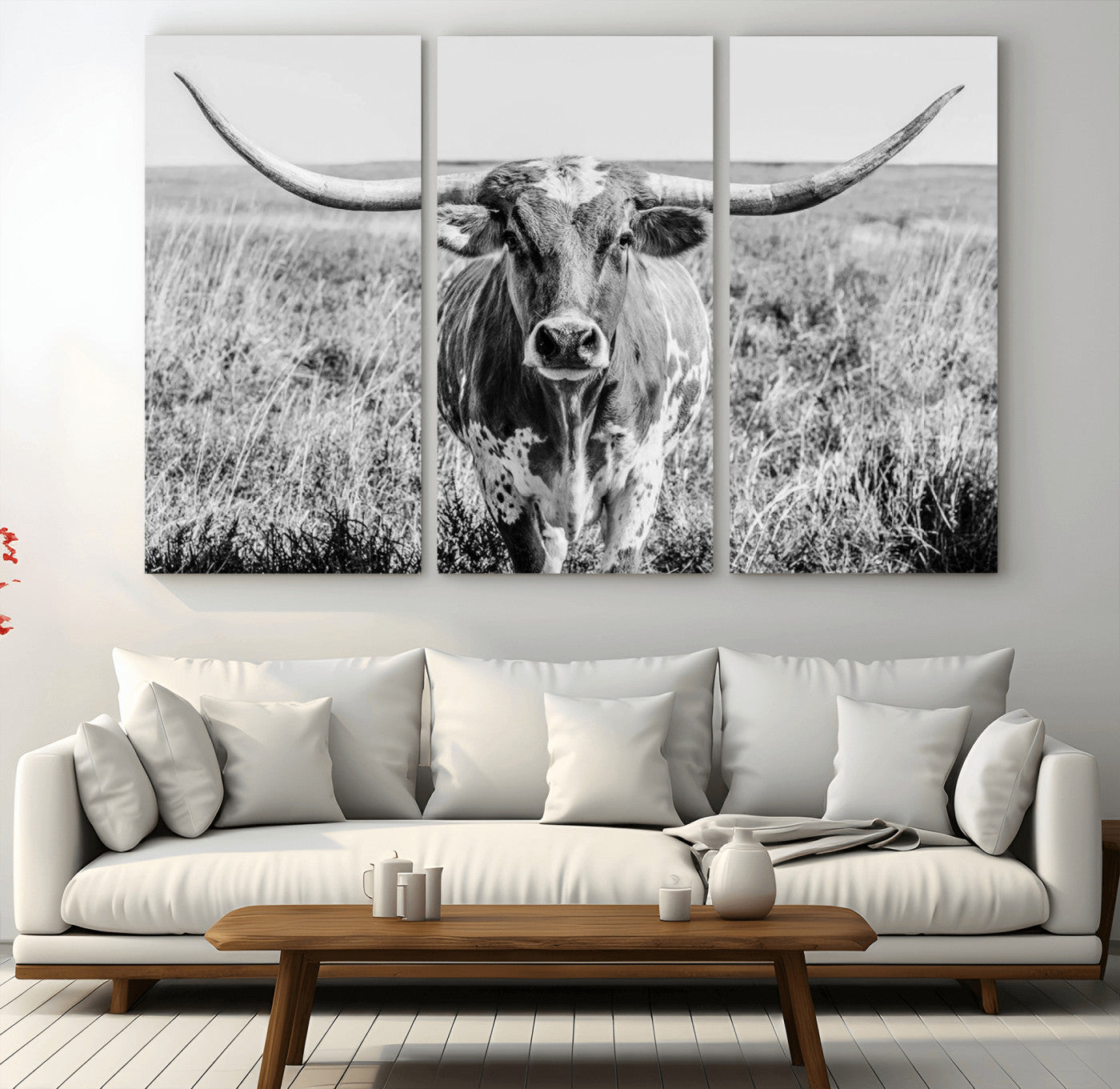 77320-MGV-CV-48X32-3P-Texas Longhorn Wall Art – Black and White Western Cattle Canvas Print, Rustic Farmhouse Animal Photography Decor for Living Room,