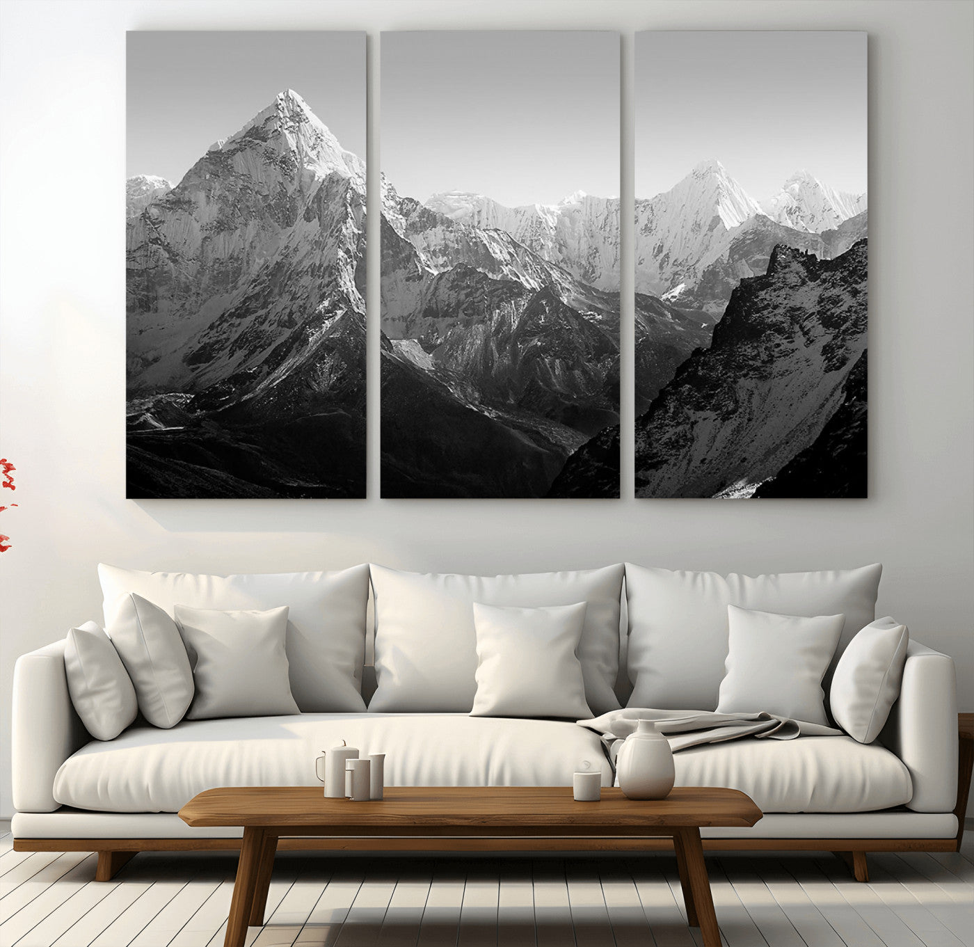 10775-MGV-CV-48X32-3P-Snow Capped Mountain Wall Art – Black and White Canvas Print of Majestic Peaks, Nature Landscape Photography for Office, Bedroom,